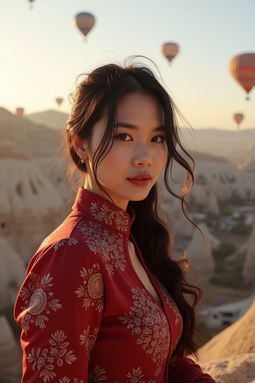 Breathtakingly woman with hot air balloons in the background in cappadocia, Türkiye. Cappadocia, Turkey