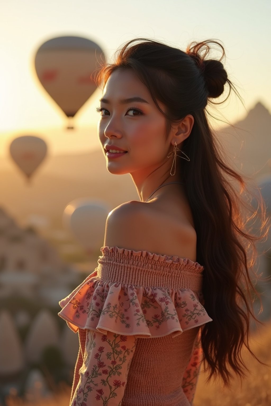 Breathtakingly woman with hot air balloons in the background in cappadocia, Türkiye. Cappadocia, Turkey