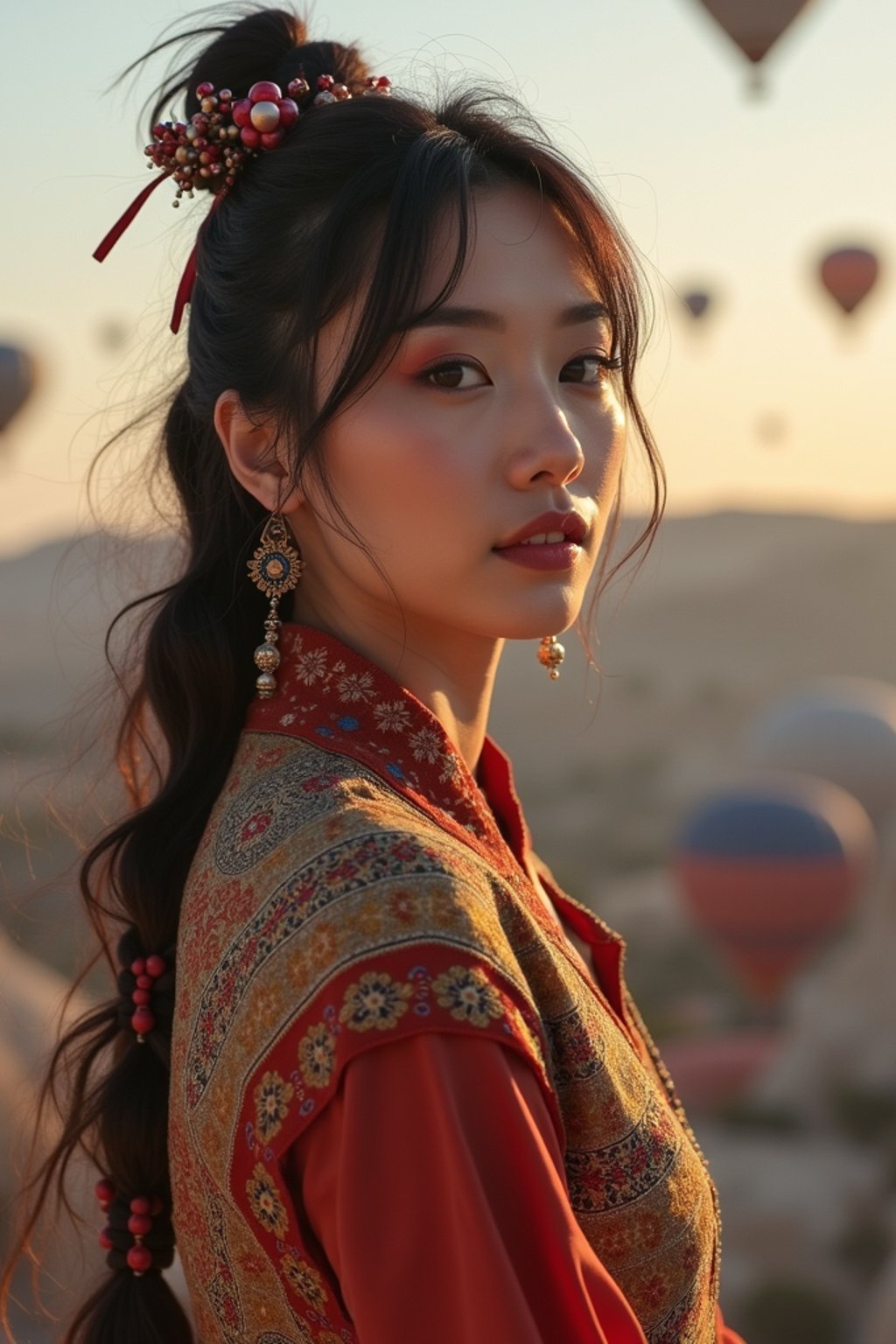 Breathtakingly woman with hot air balloons in the background in cappadocia, Türkiye. Cappadocia, Turkey