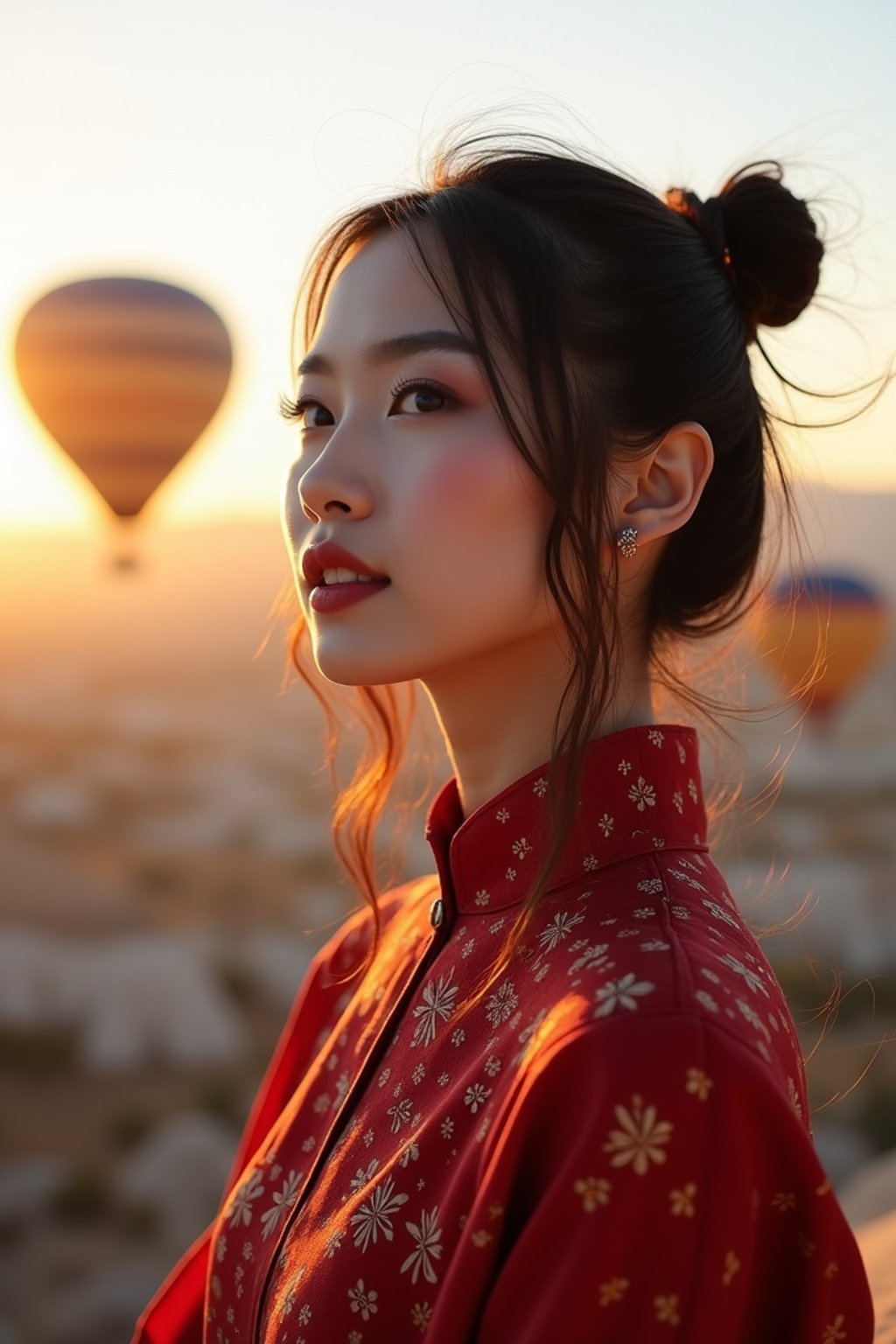 Breathtakingly woman with hot air balloons in the background in cappadocia, Türkiye. Cappadocia, Turkey