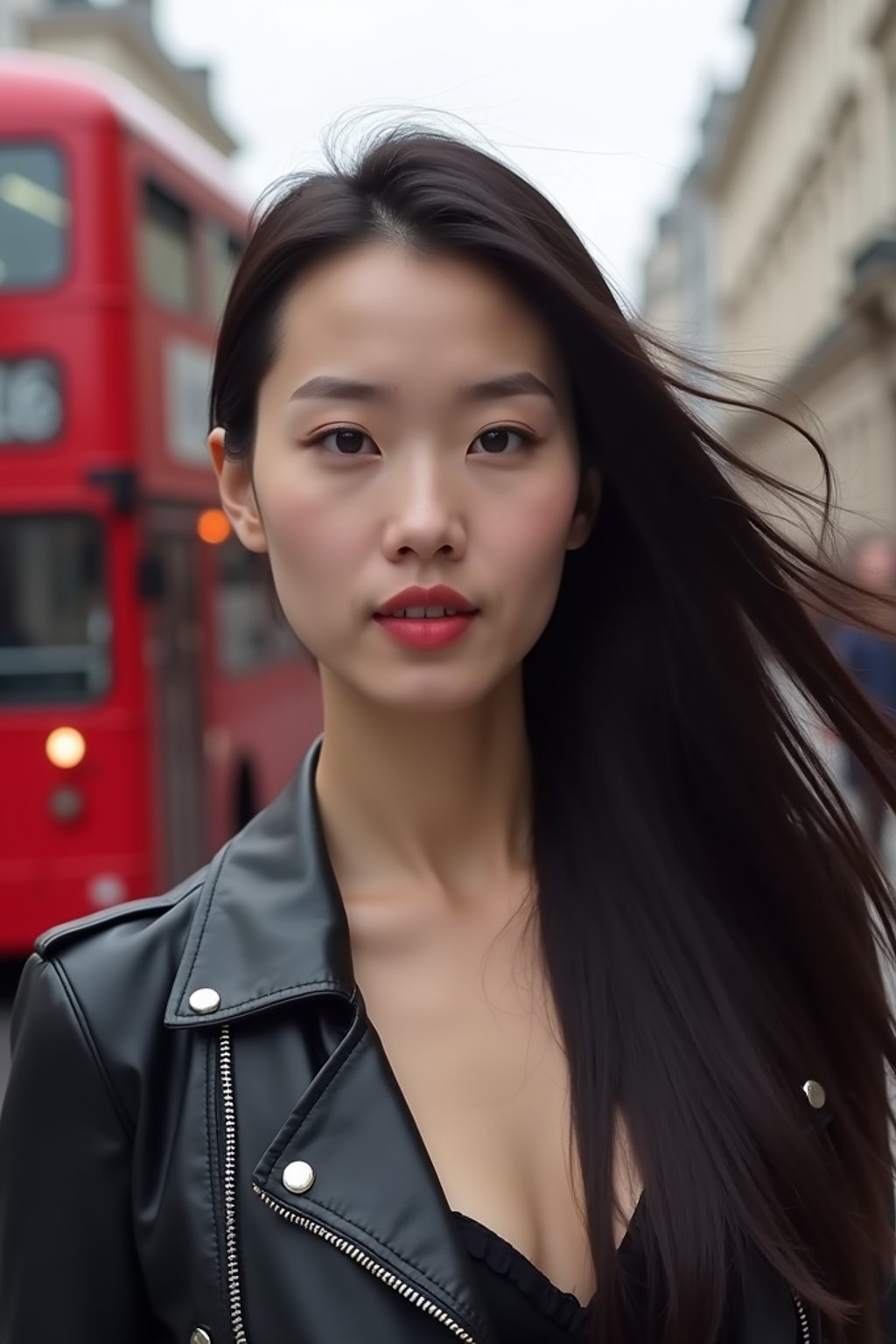 woman in London with Double Decker Bus in background