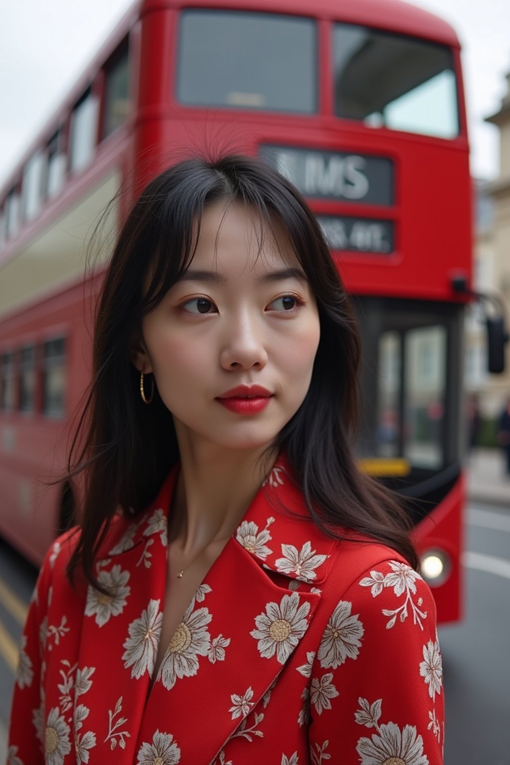 woman in London with Double Decker Bus in background