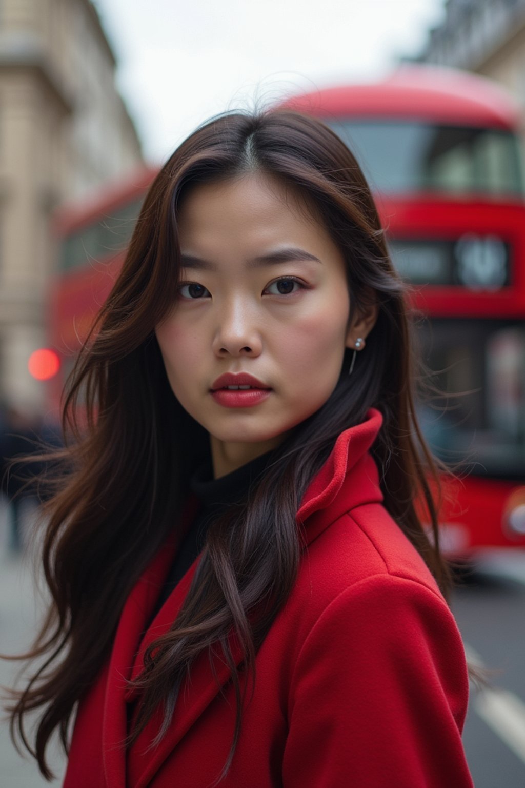 woman in London with Double Decker Bus in background