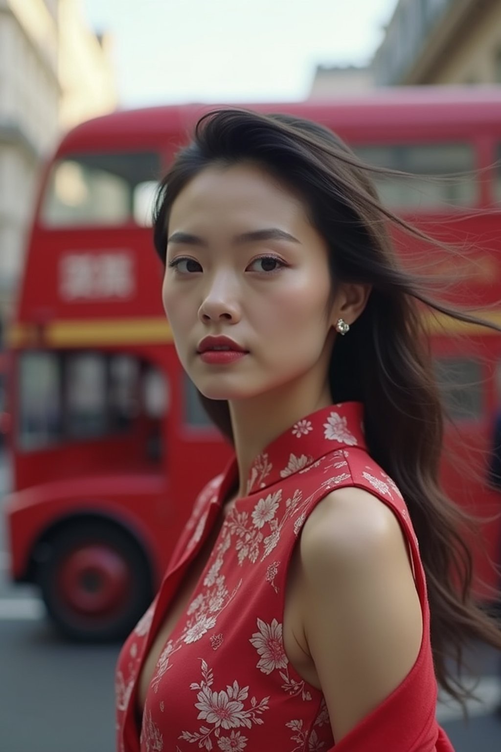 woman in London with Double Decker Bus in background