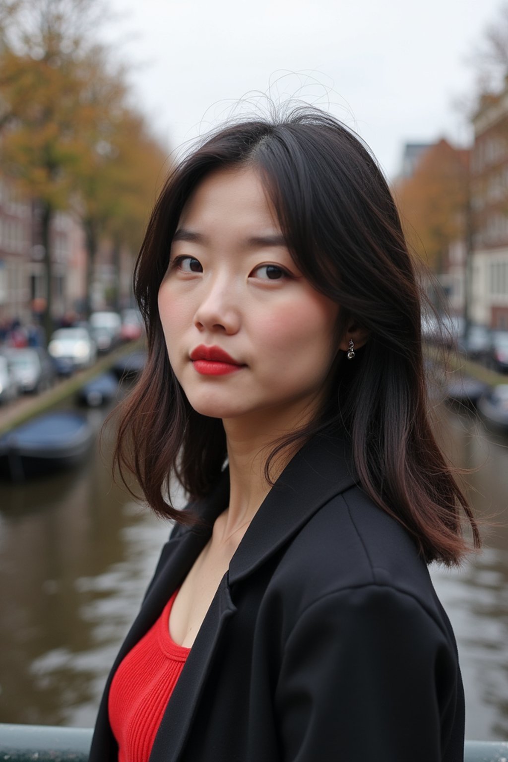 woman in Amsterdam with the Amsterdam Canals in background