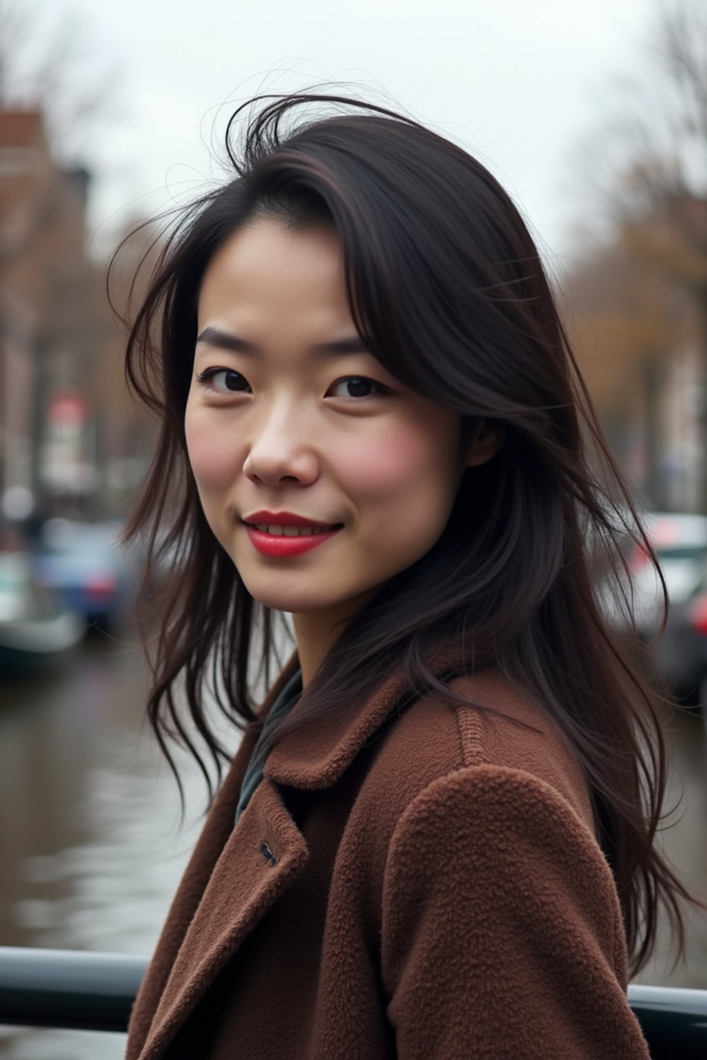 woman in Amsterdam with the Amsterdam Canals in background