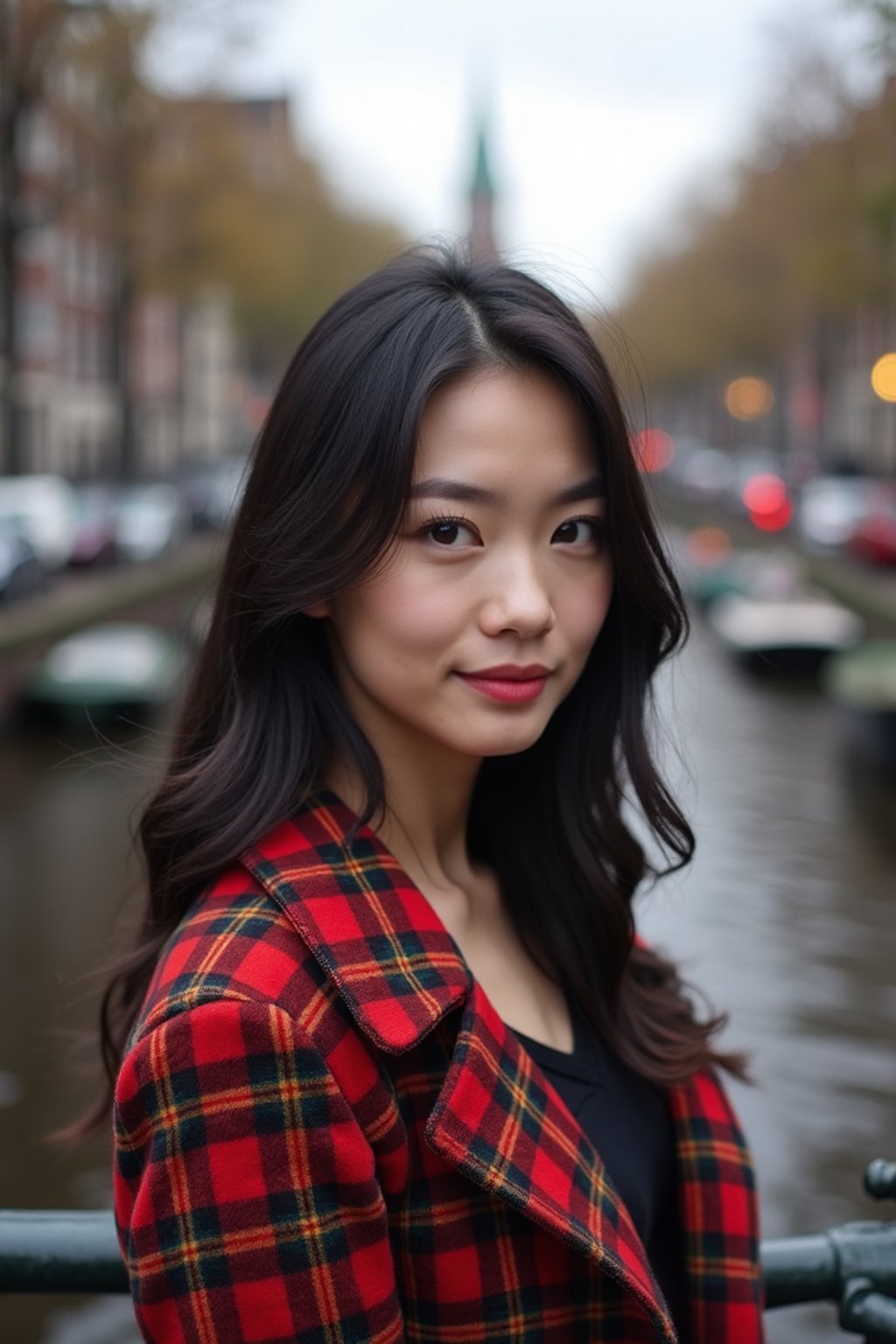 woman in Amsterdam with the Amsterdam Canals in background