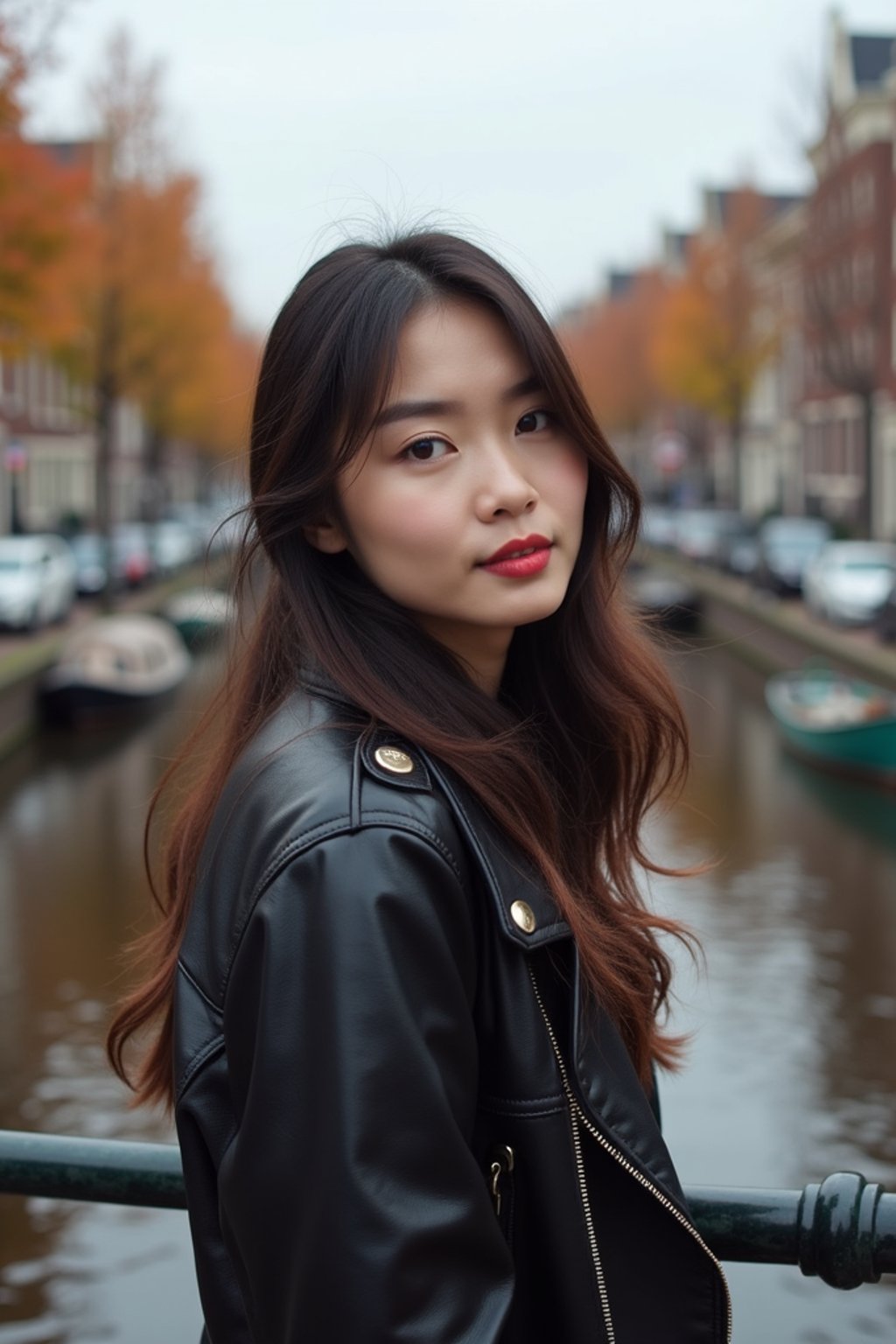 woman in Amsterdam with the Amsterdam Canals in background