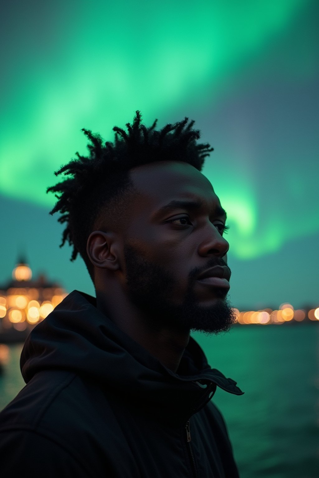 man in Reykjavik with the Northern Lights in the background