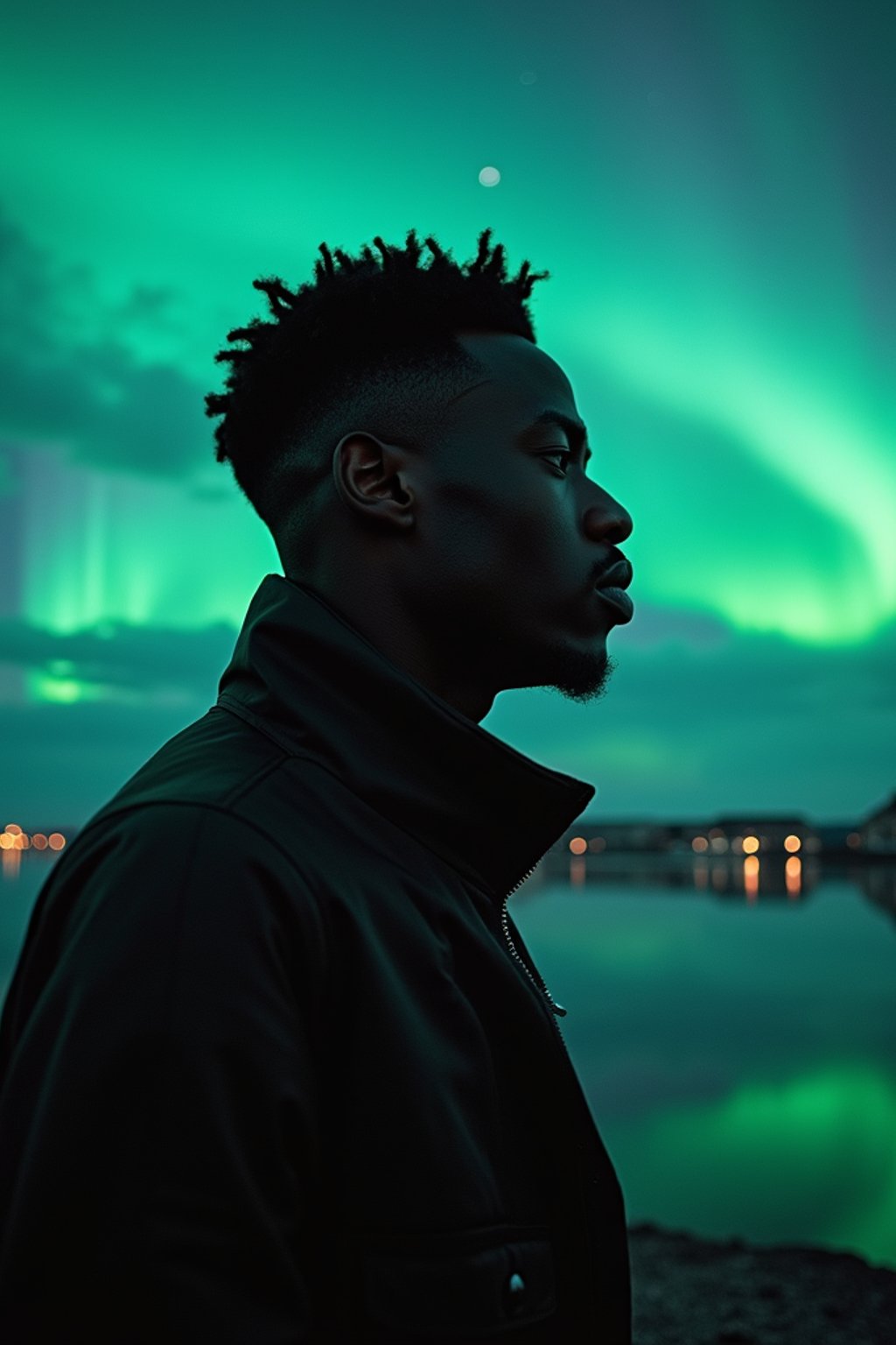 man in Reykjavik with the Northern Lights in the background