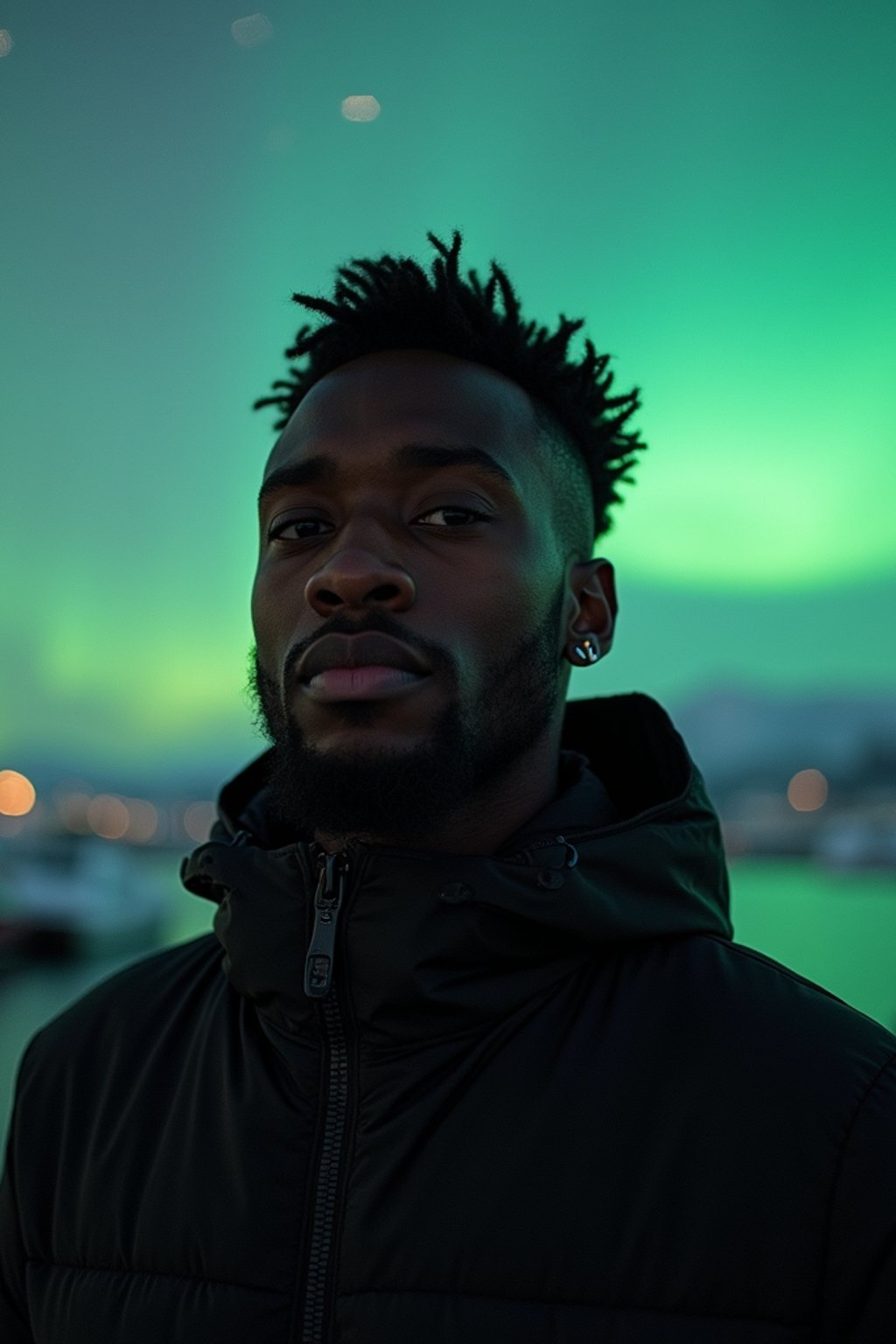 man in Reykjavik with the Northern Lights in the background