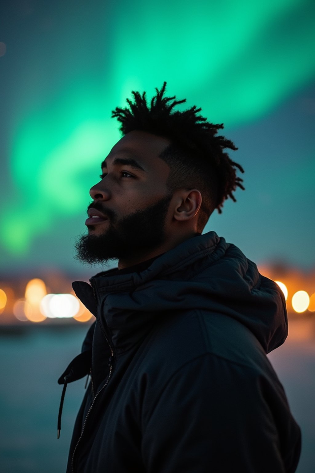 man in Reykjavik with the Northern Lights in the background