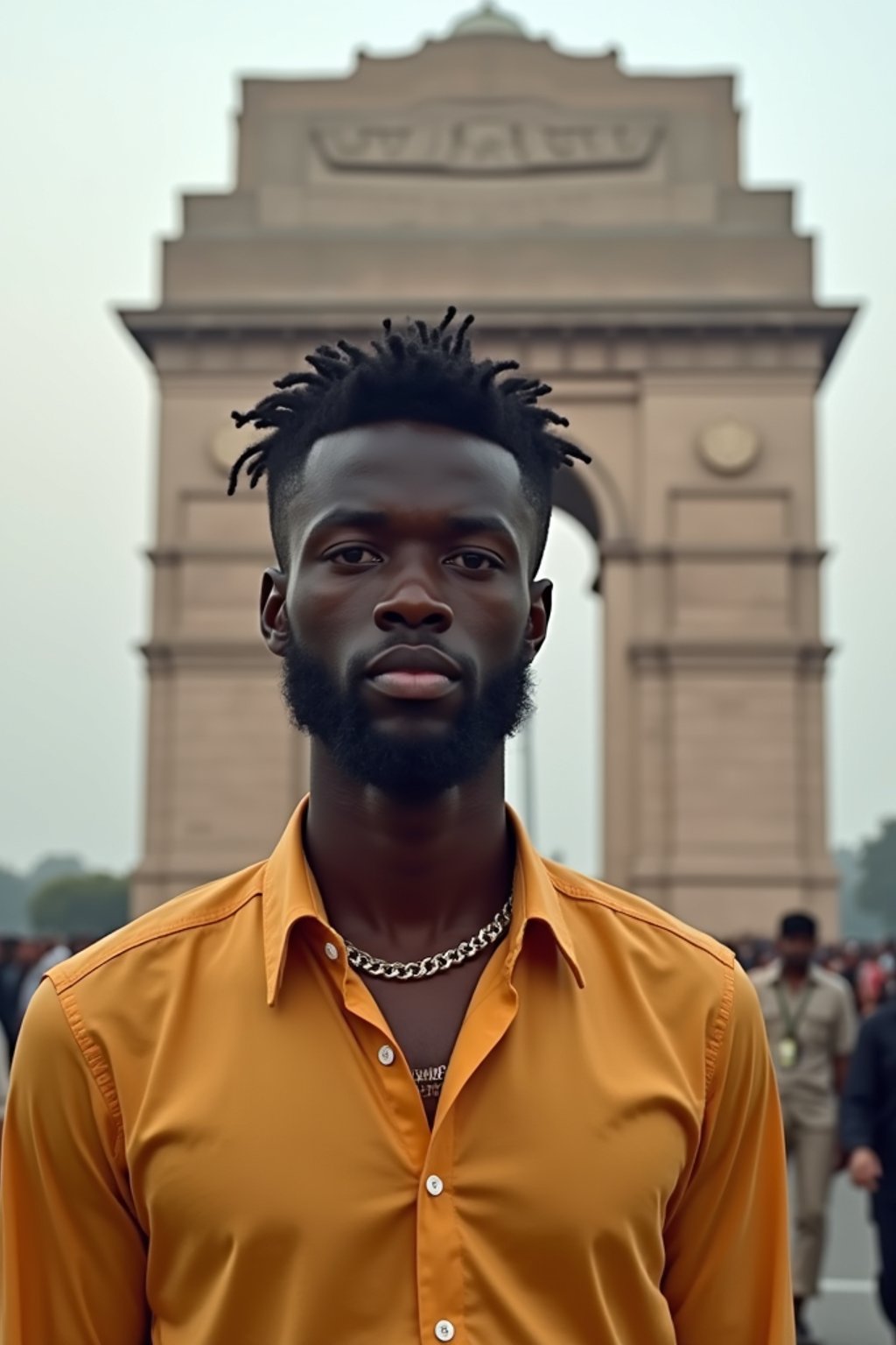 man in Delhi with the India Gate in the background