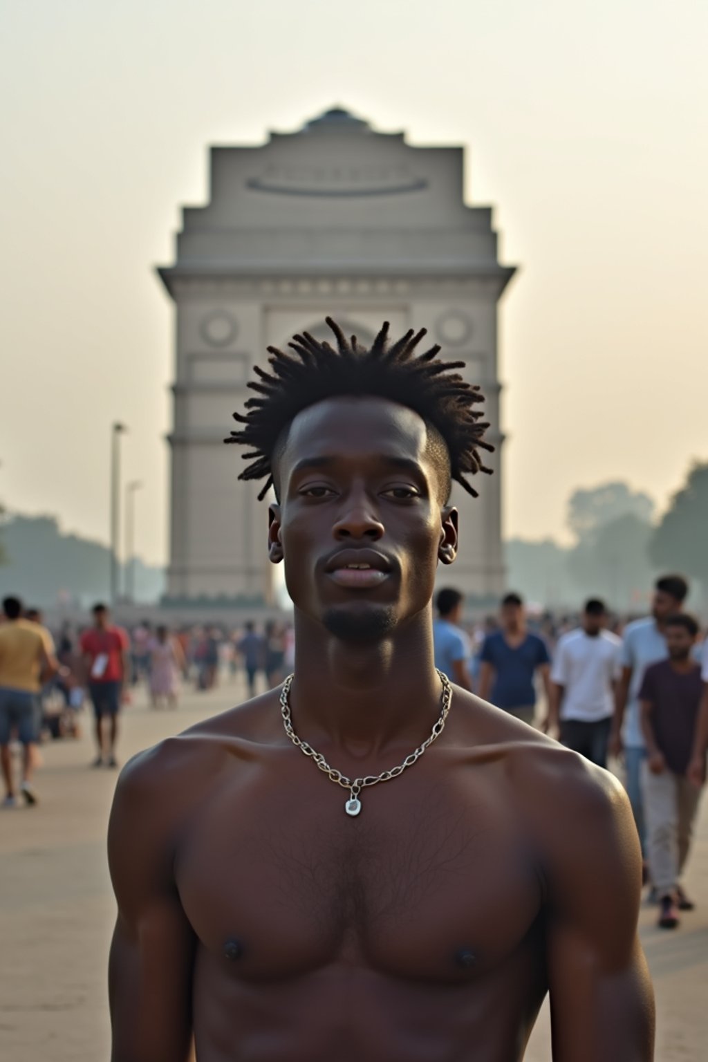 man in Delhi with the India Gate in the background