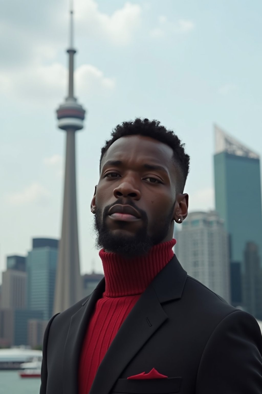 man in Toronto with the CN Tower in the background