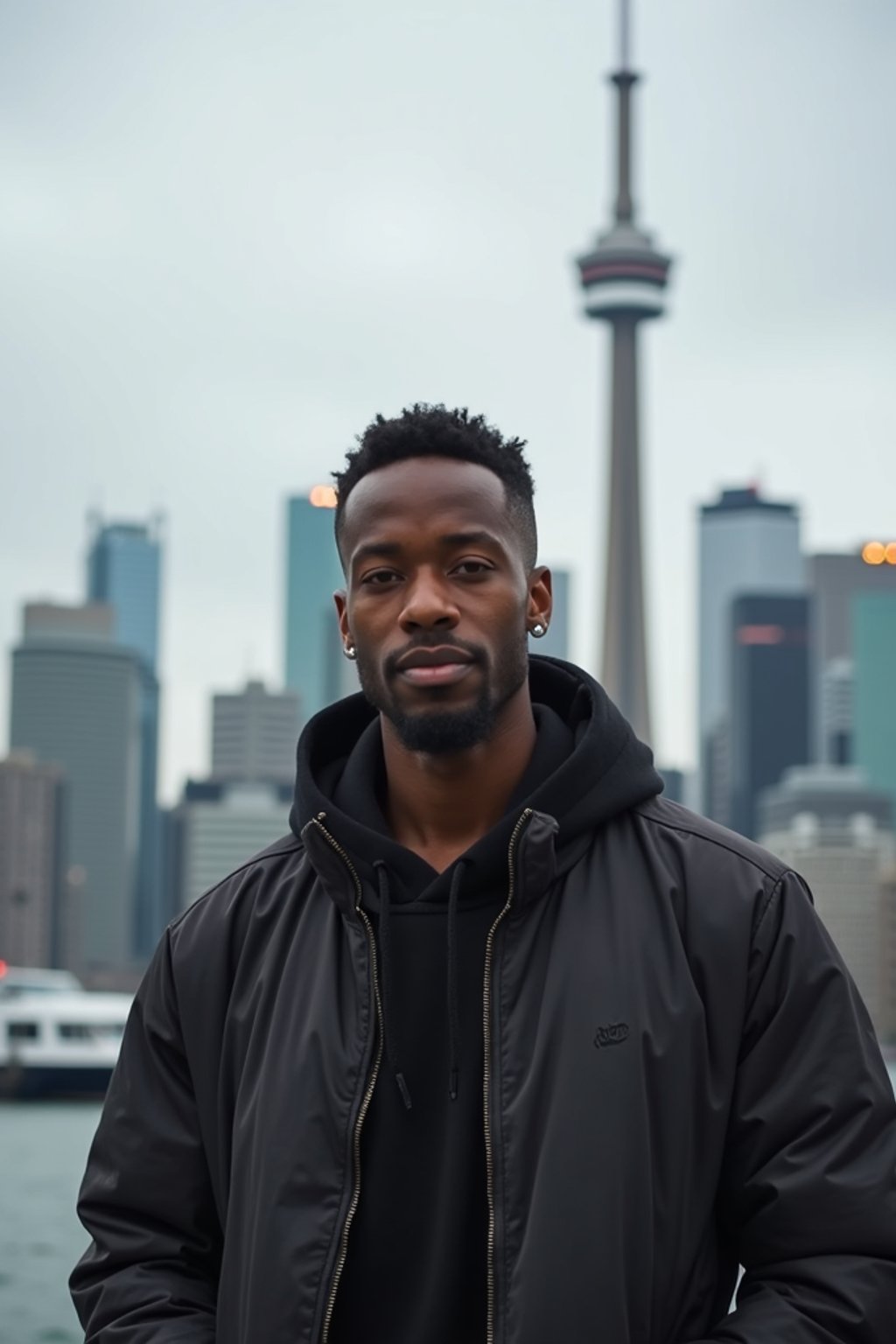 man in Toronto with the CN Tower in the background