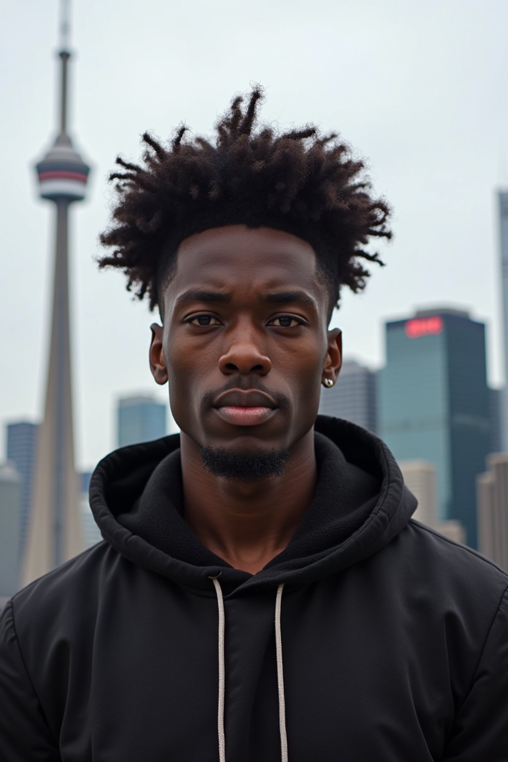 man in Toronto with the CN Tower in the background