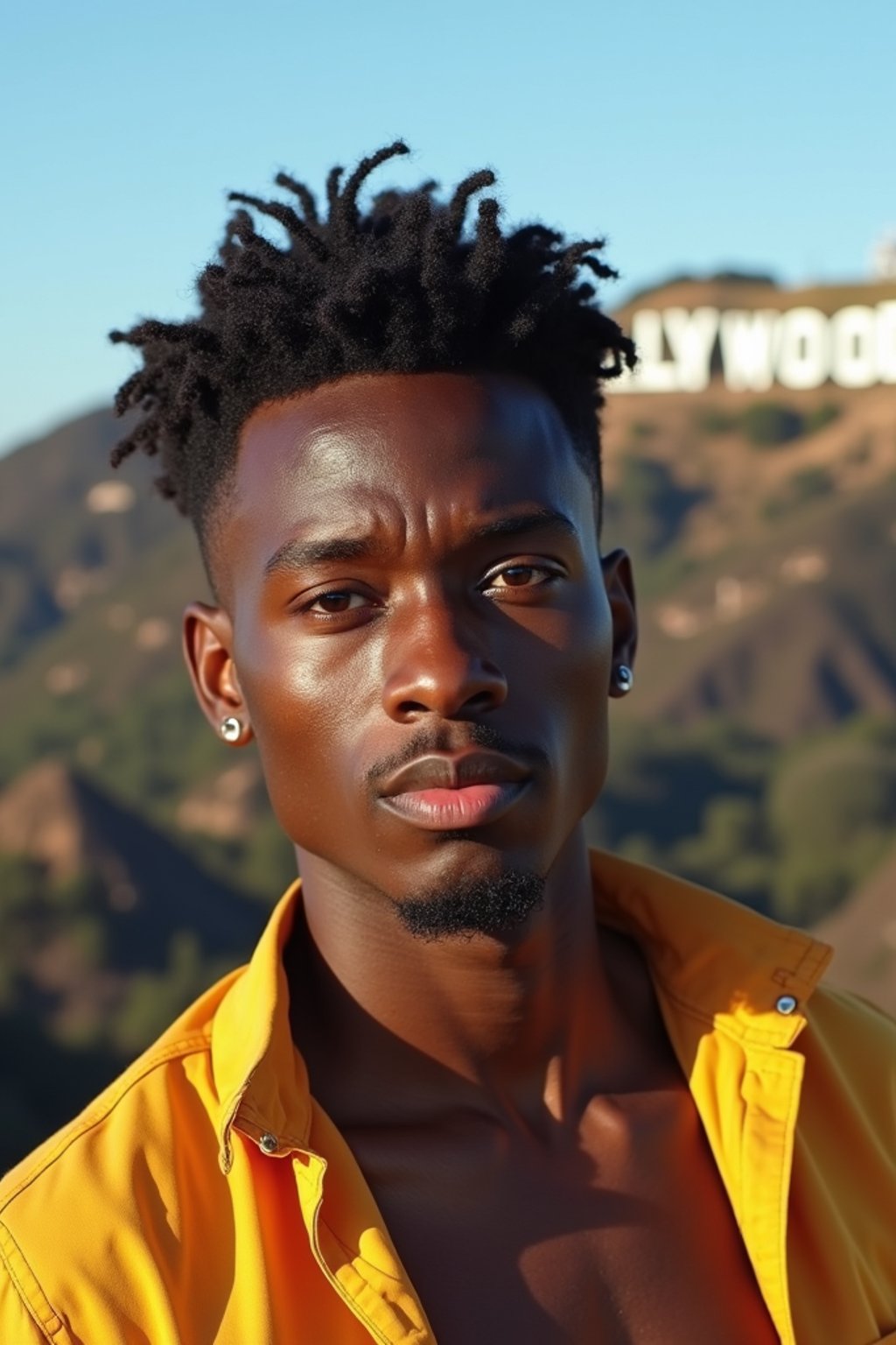 man in Los Angeles with the Hollywood sign in the background