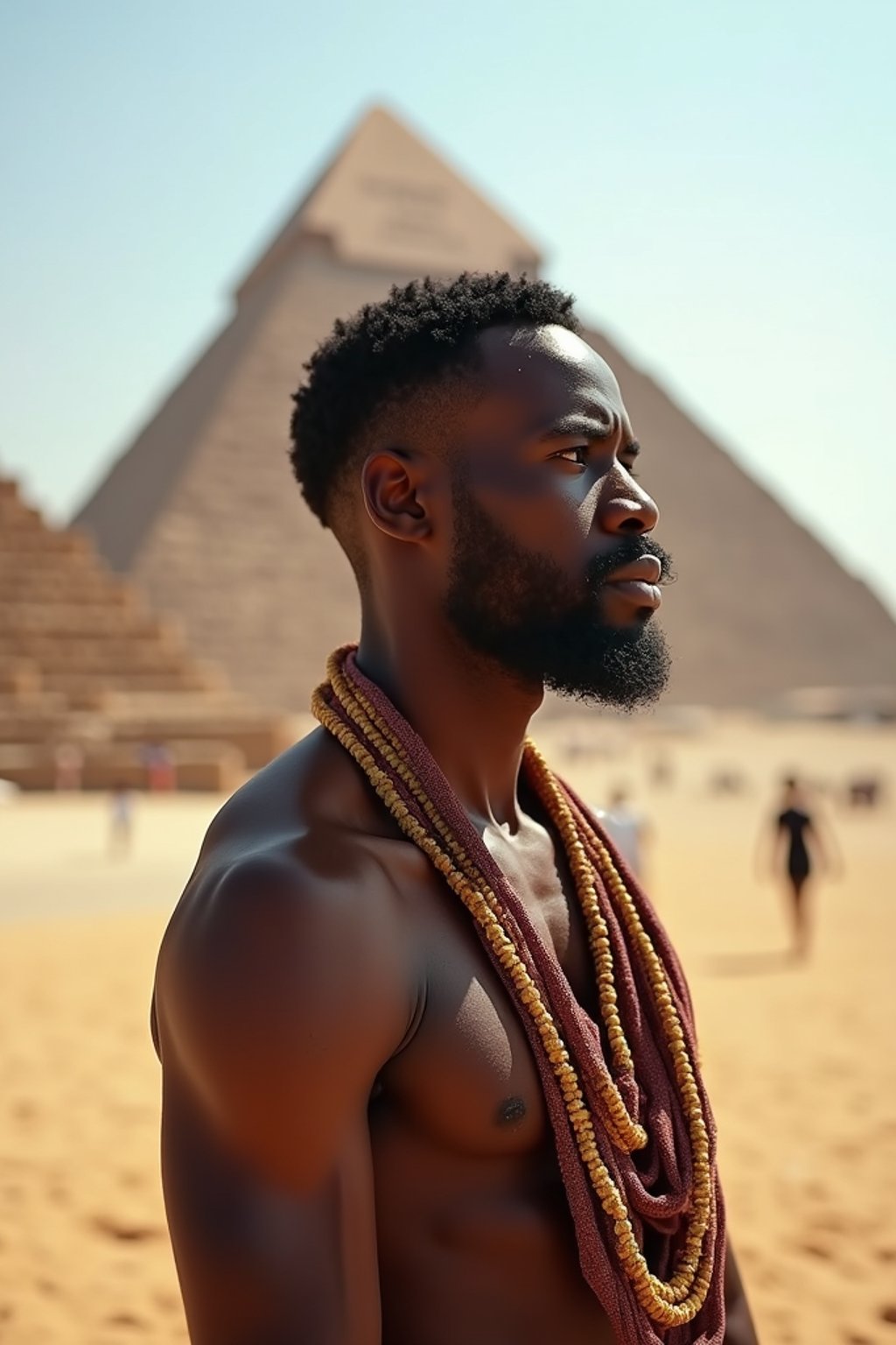 man in Cairo with the Pyramids of Giza in the background