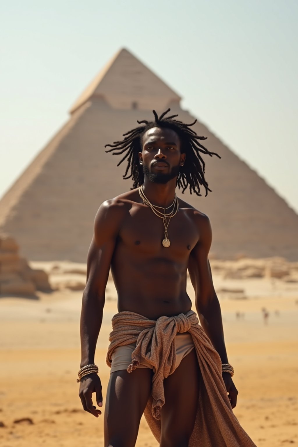 man in Cairo with the Pyramids of Giza in the background