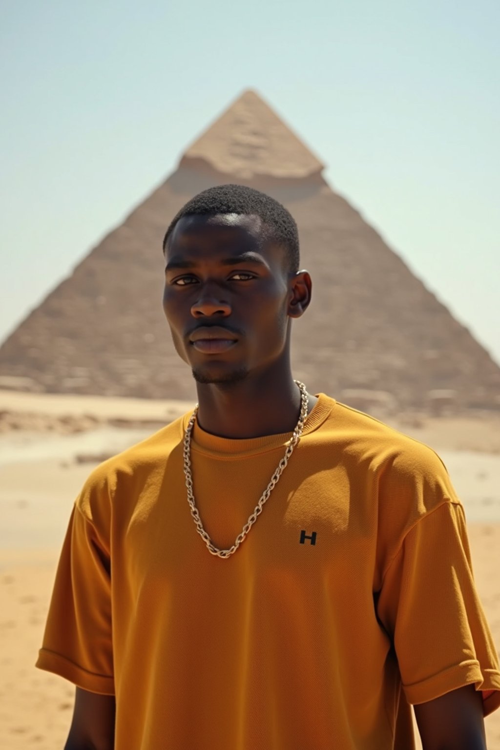 man in Cairo with the Pyramids of Giza in the background