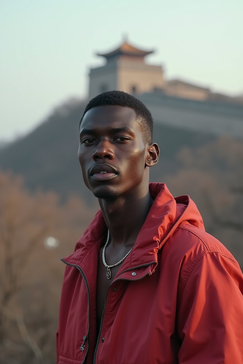 man in Beijing with the Great Wall in the background