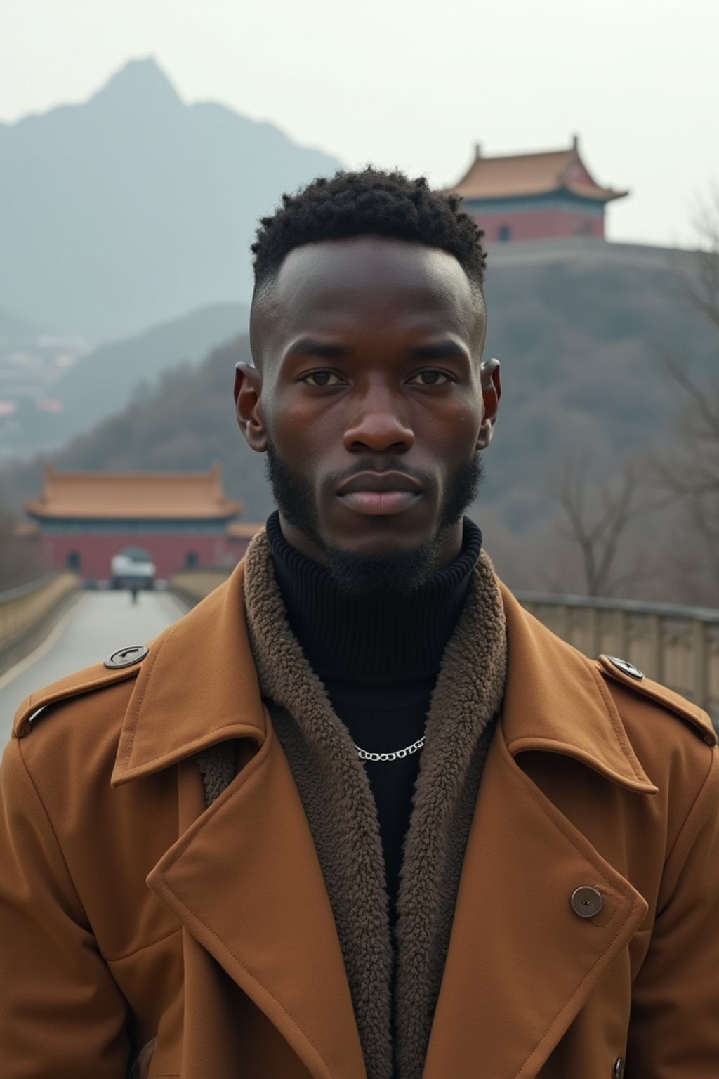 man in Beijing with the Great Wall in the background