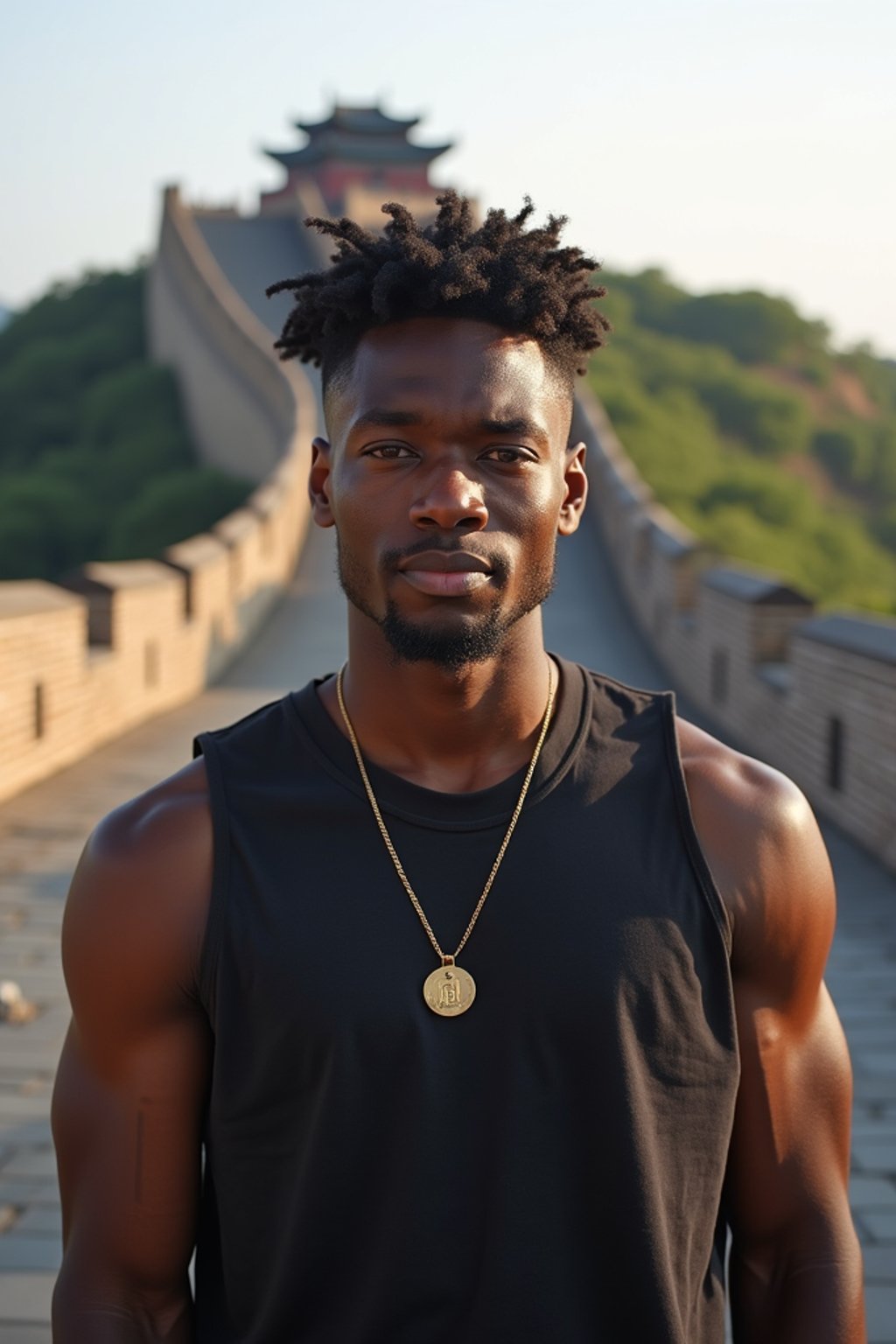 man in Beijing with the Great Wall in the background