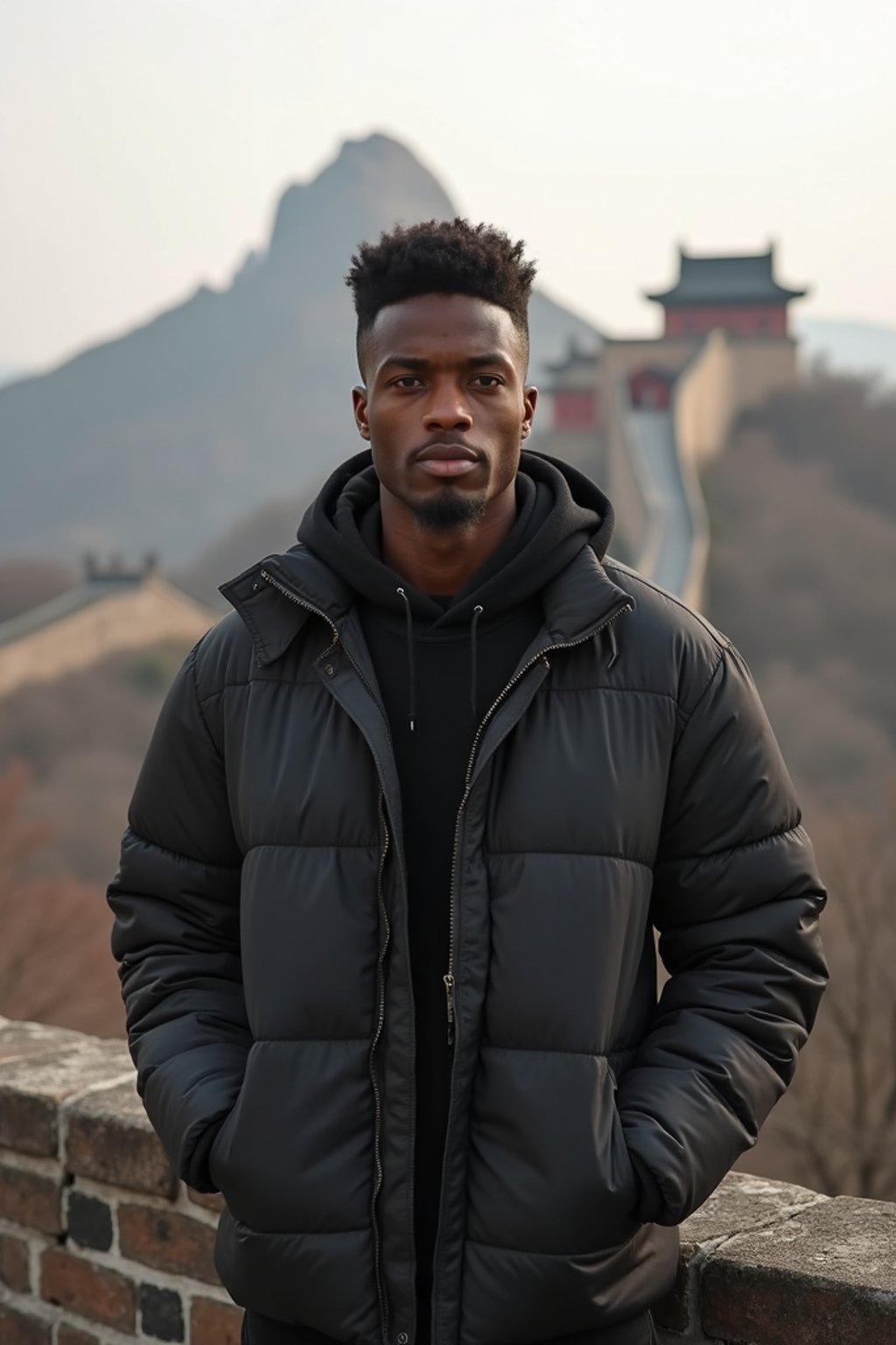 man in Beijing with the Great Wall in the background