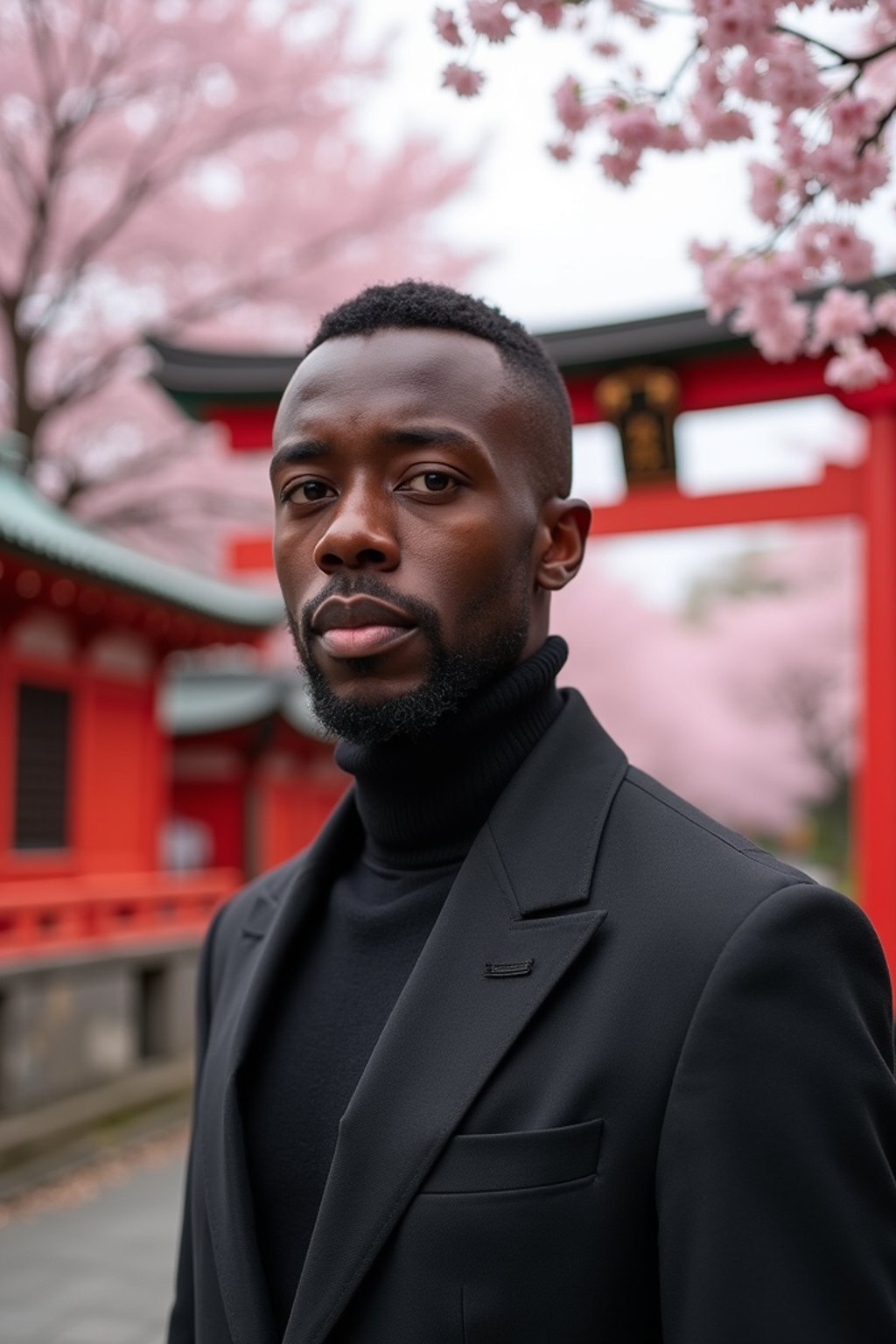 man in Japan with Japanese Cherry Blossom Trees and Japanese temples in background