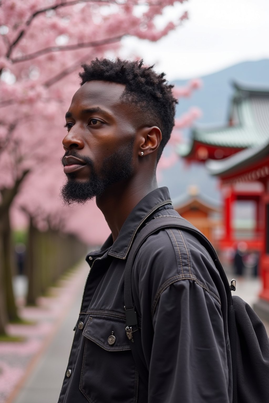 man in Japan with Japanese Cherry Blossom Trees and Japanese temples in background