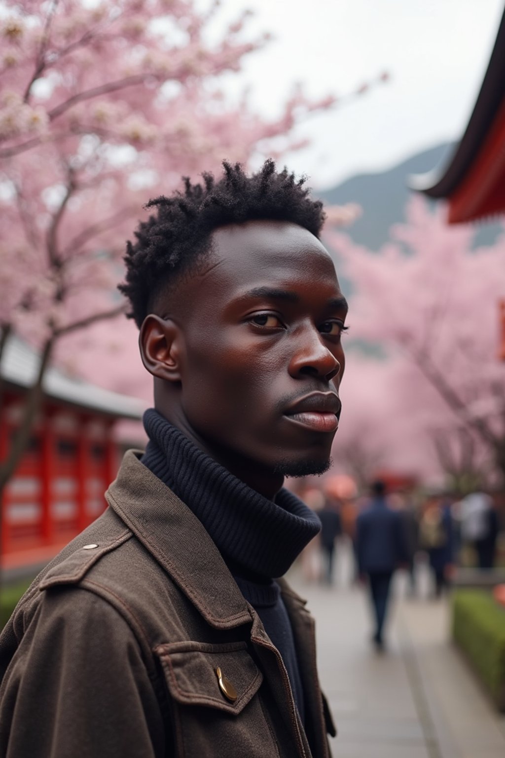 man in Japan with Japanese Cherry Blossom Trees and Japanese temples in background