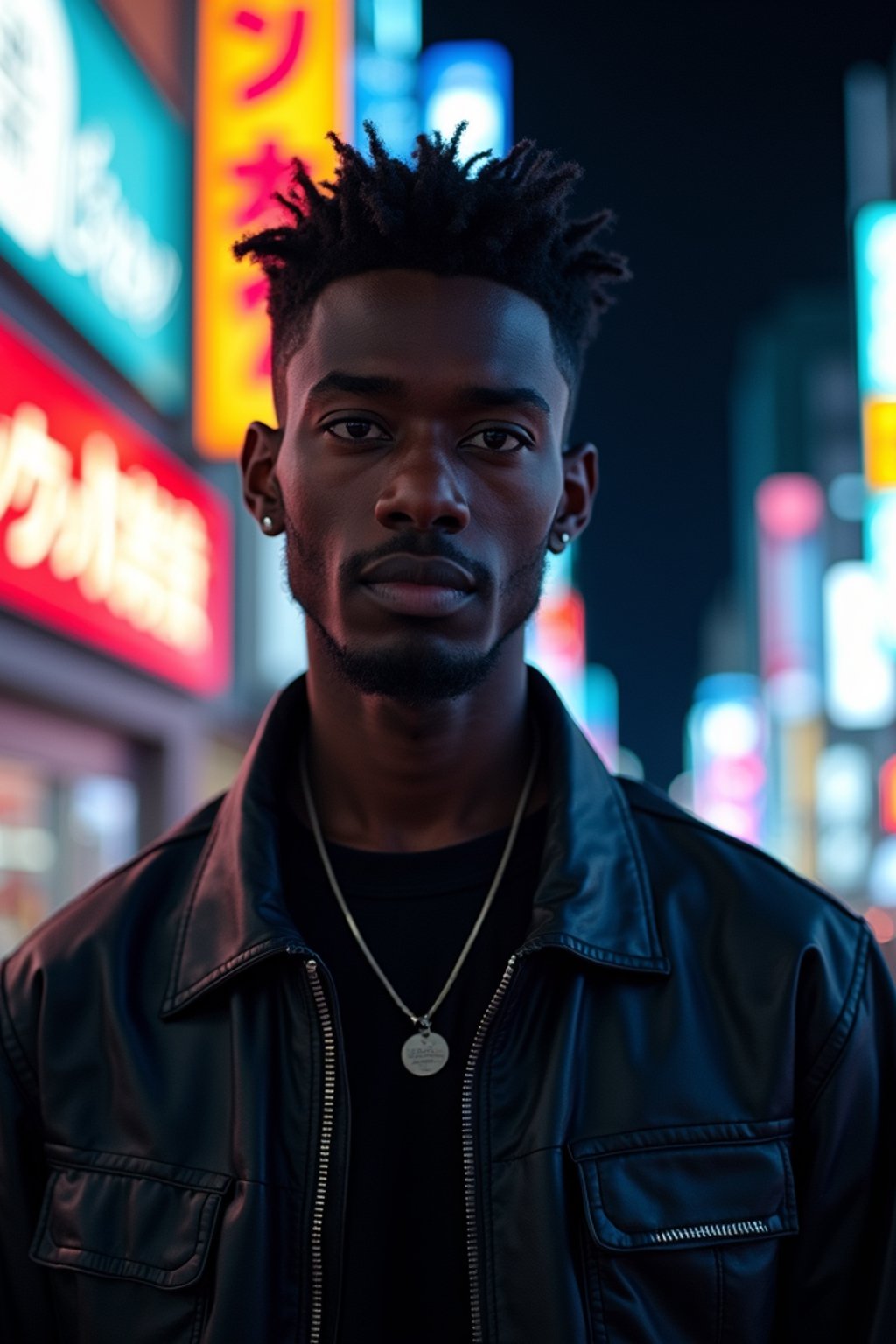 man in Tokyo at night with neon lights