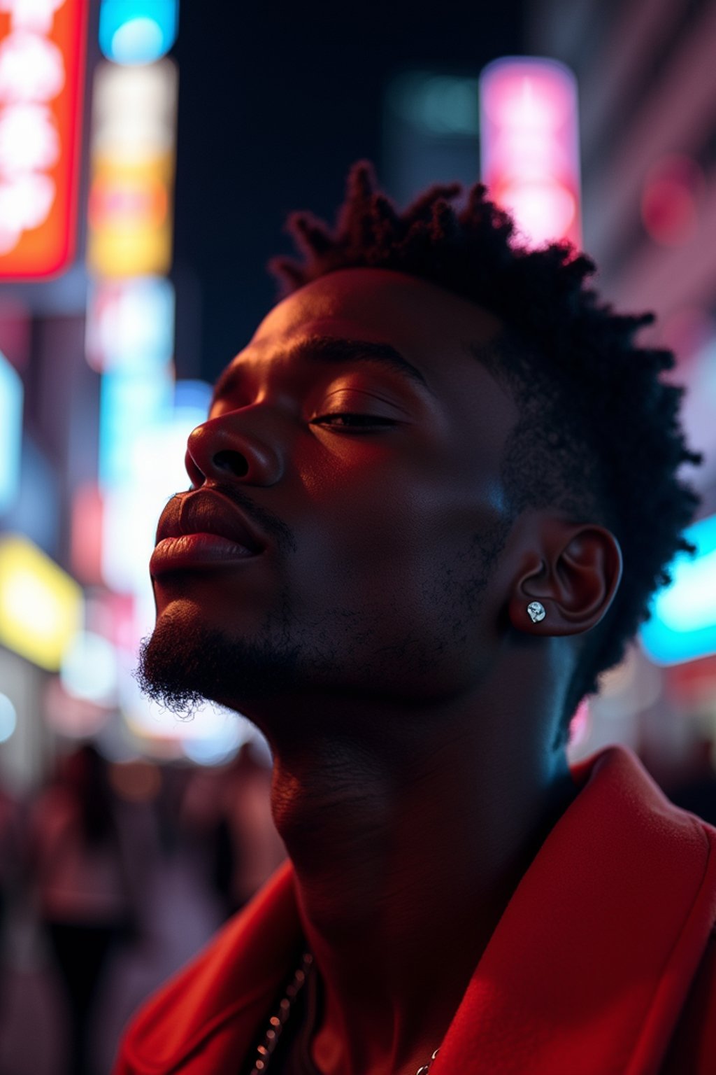 man in Tokyo at night with neon lights