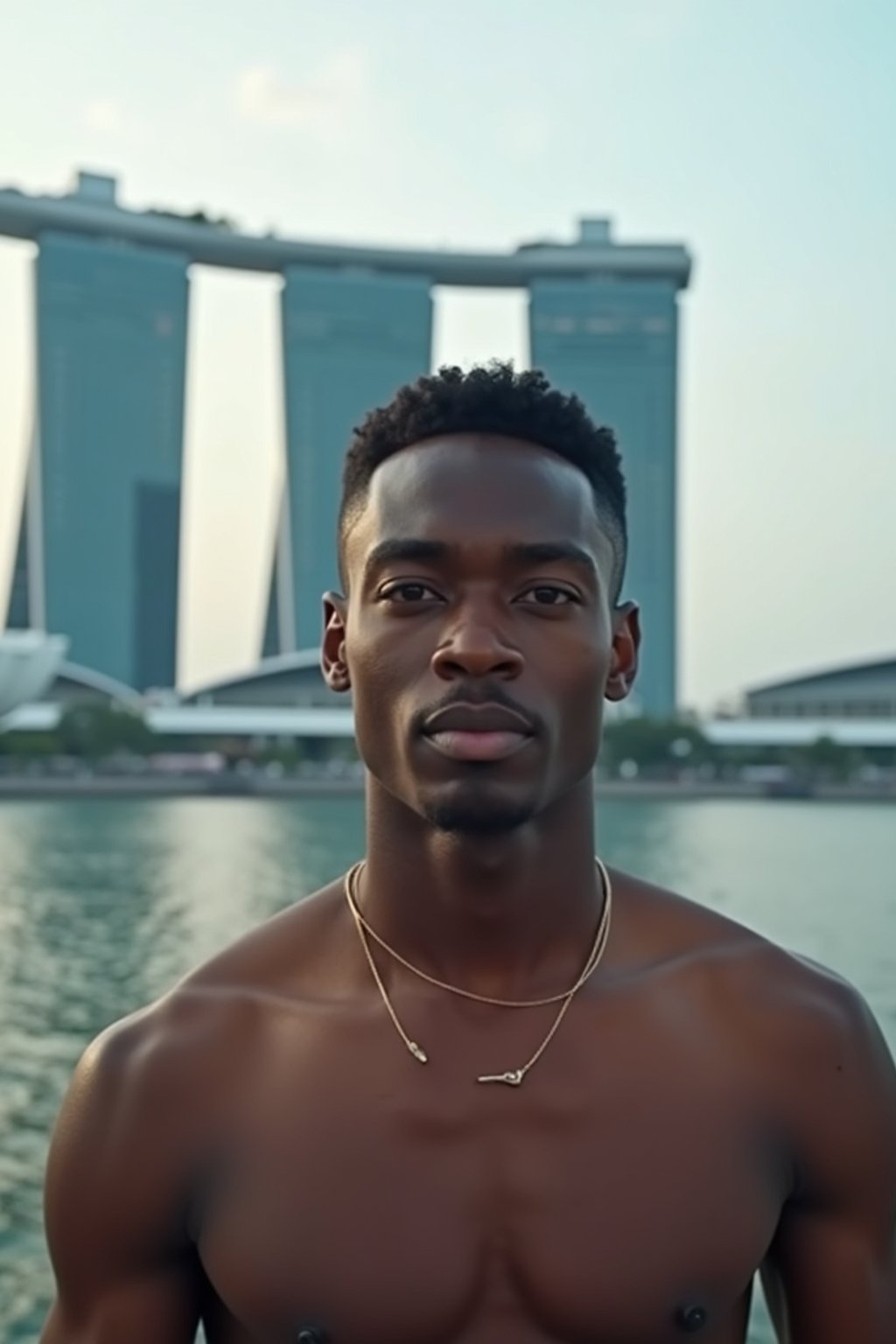 man in Singapore with Marina Bay Sands in background