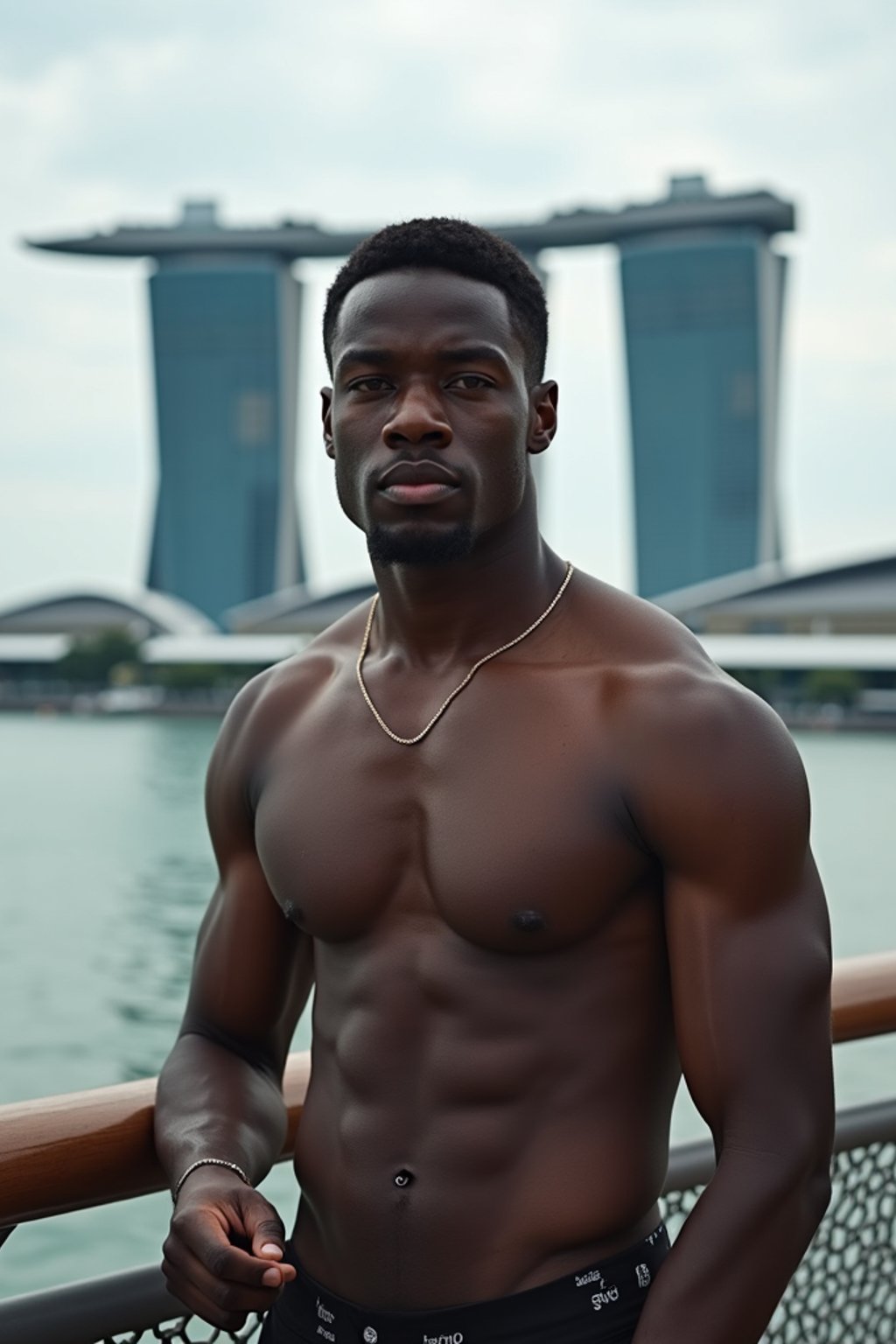 man in Singapore with Marina Bay Sands in background