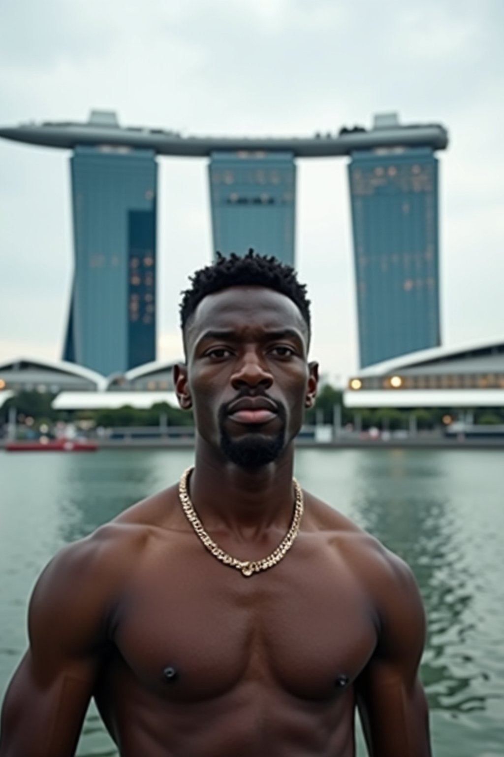 man in Singapore with Marina Bay Sands in background