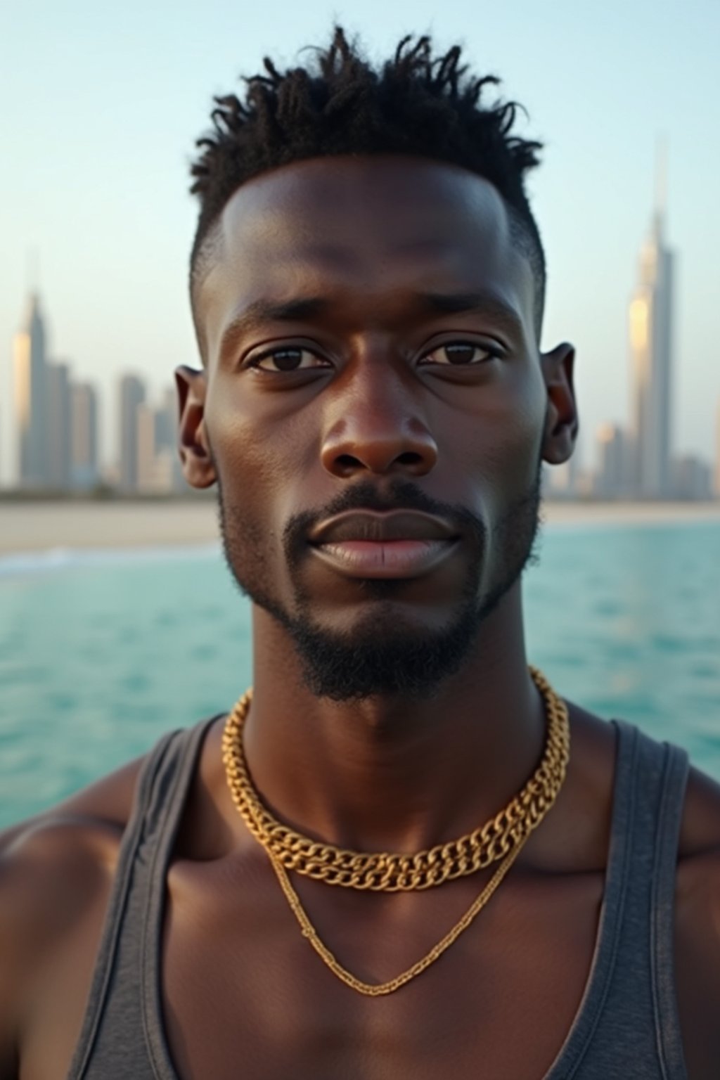 man in Dubai with skyline in background