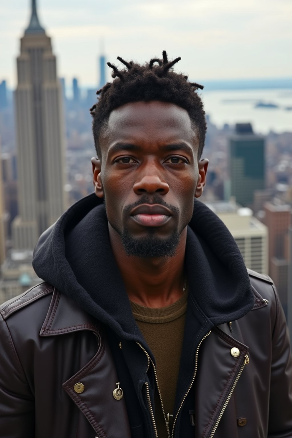 man in New York City with Manhattan in background