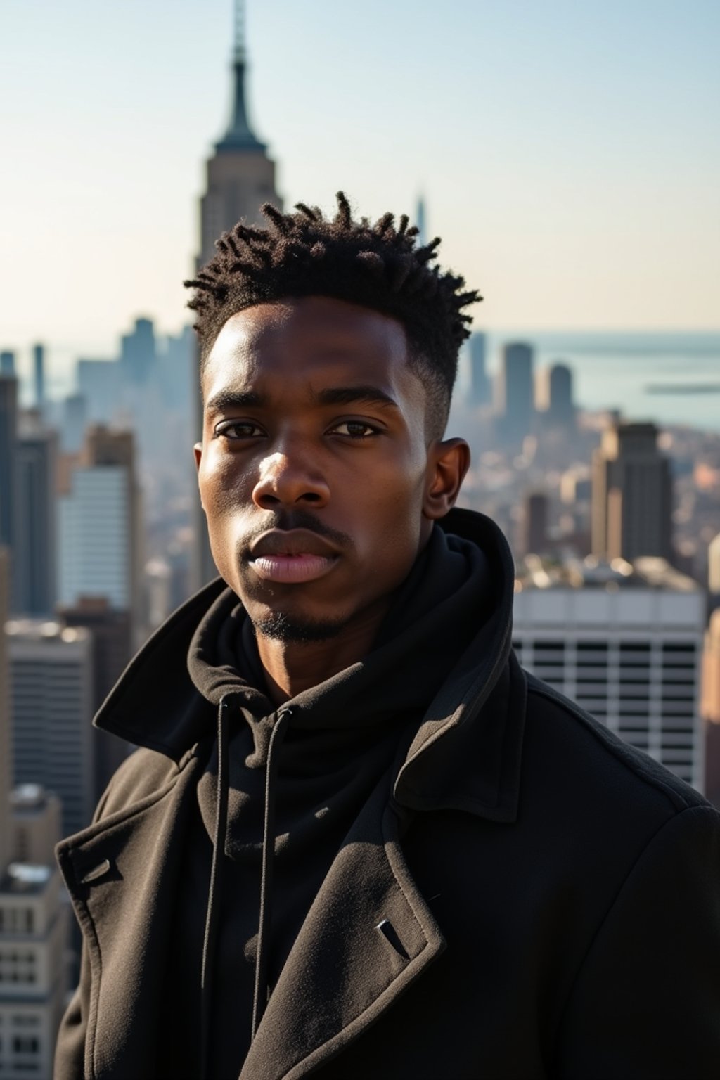 man in New York City with Manhattan in background