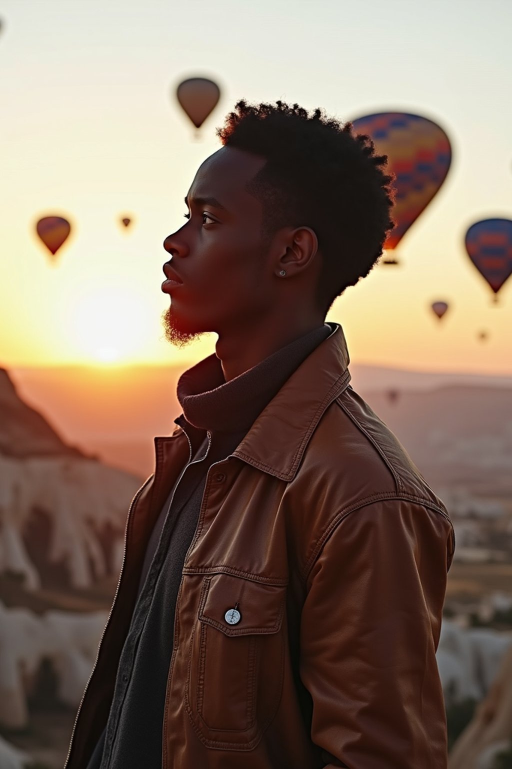 Breathtakingly man with hot air balloons in the background in cappadocia, Türkiye. Cappadocia, Turkey