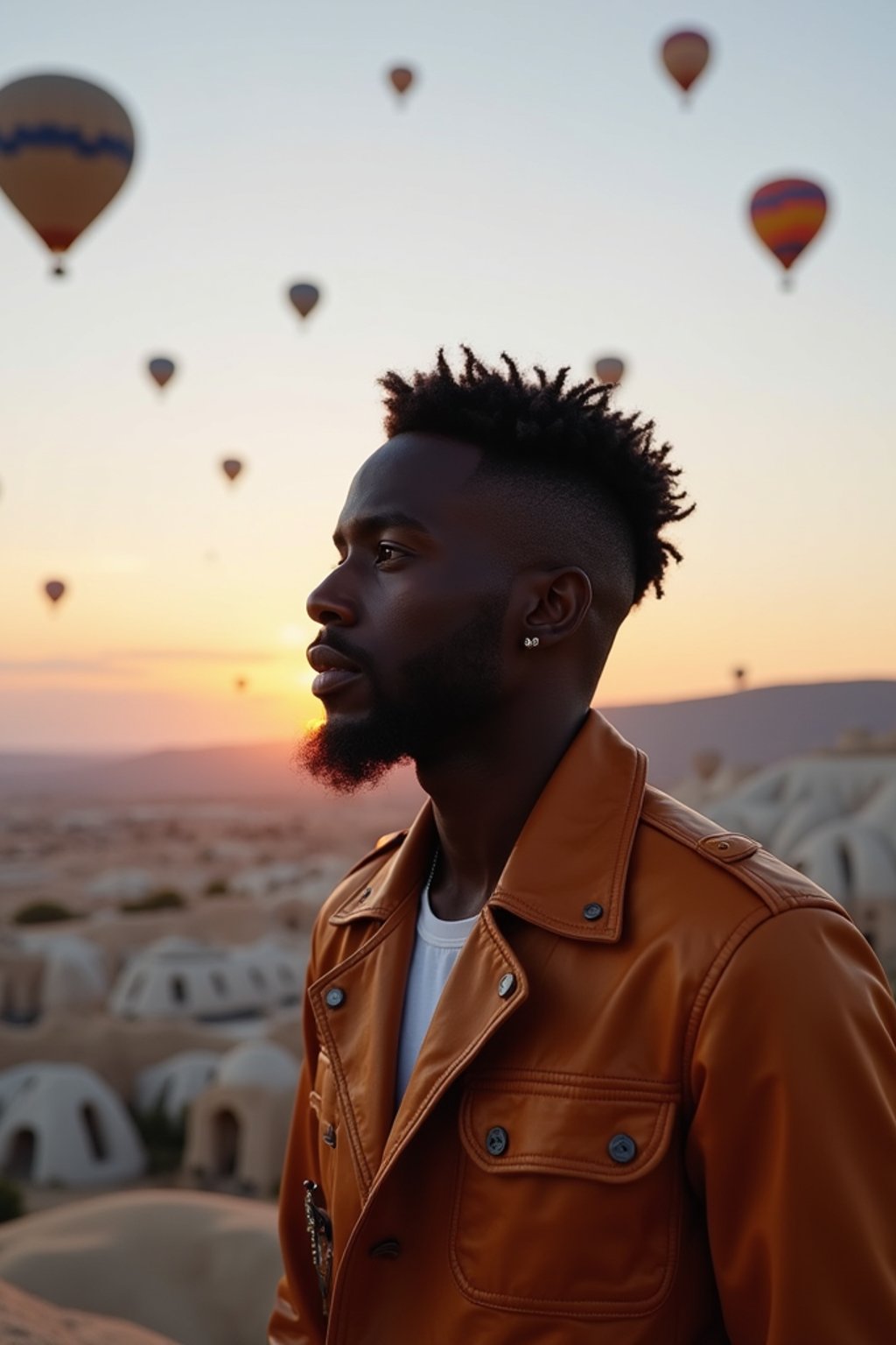 Breathtakingly man with hot air balloons in the background in cappadocia, Türkiye. Cappadocia, Turkey