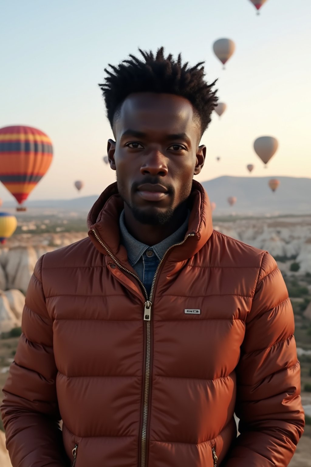 Breathtakingly man with hot air balloons in the background in cappadocia, Türkiye. Cappadocia, Turkey