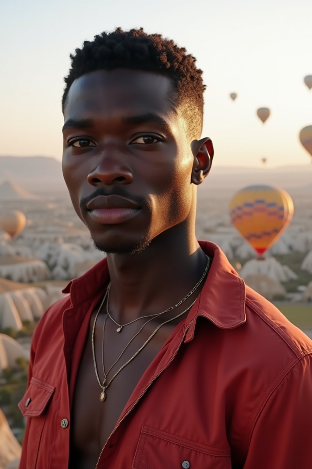 Breathtakingly man with hot air balloons in the background in cappadocia, Türkiye. Cappadocia, Turkey