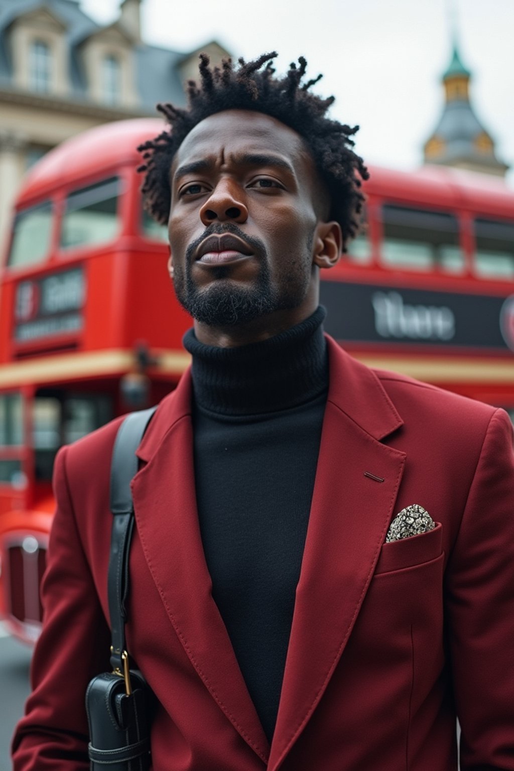 man in London with Double Decker Bus in background