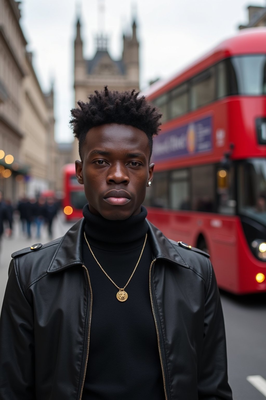 man in London with Double Decker Bus in background