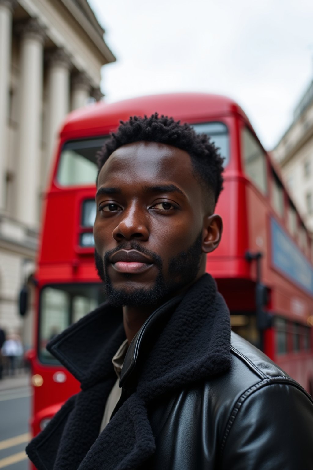 man in London with Double Decker Bus in background