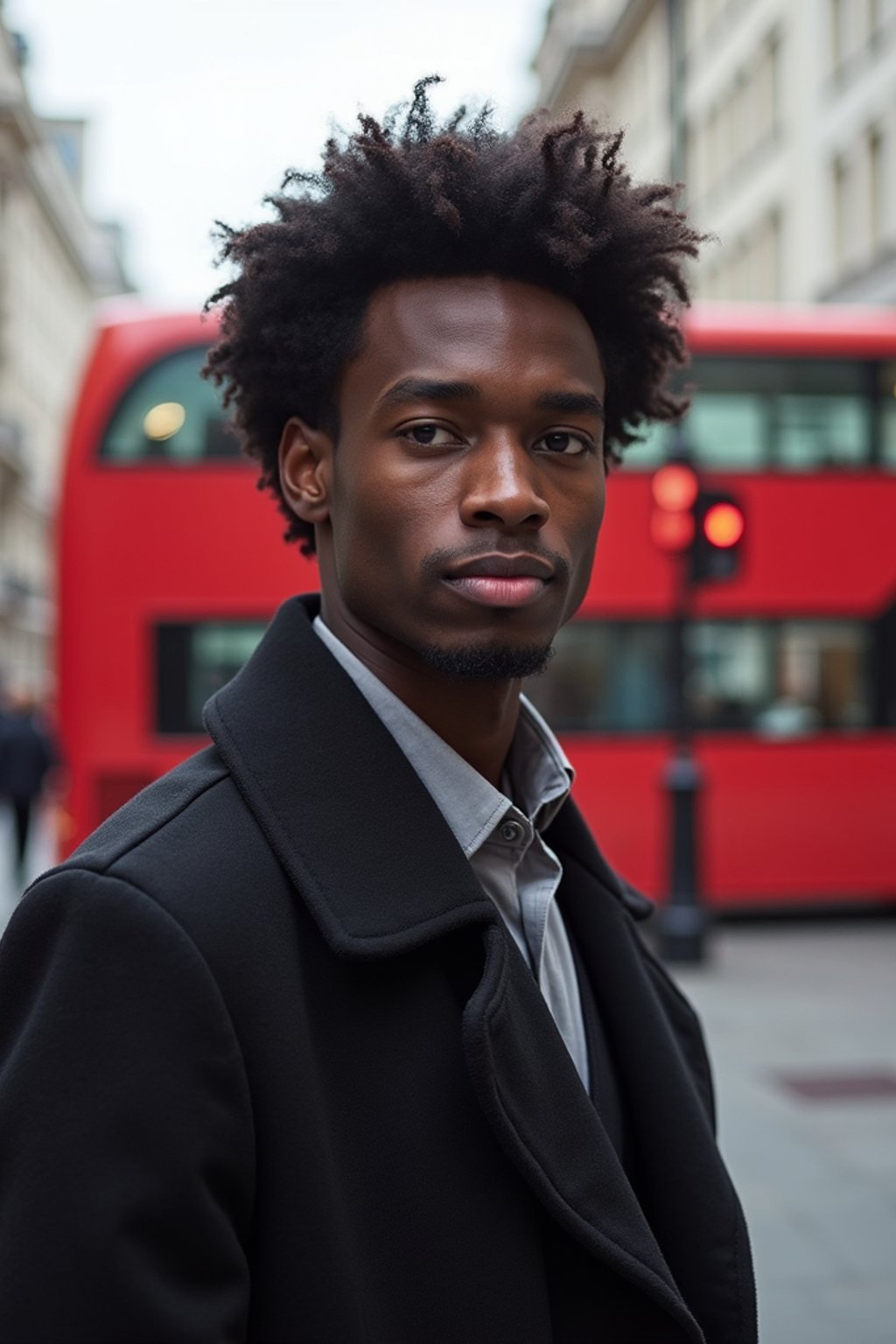 man in London with Double Decker Bus in background