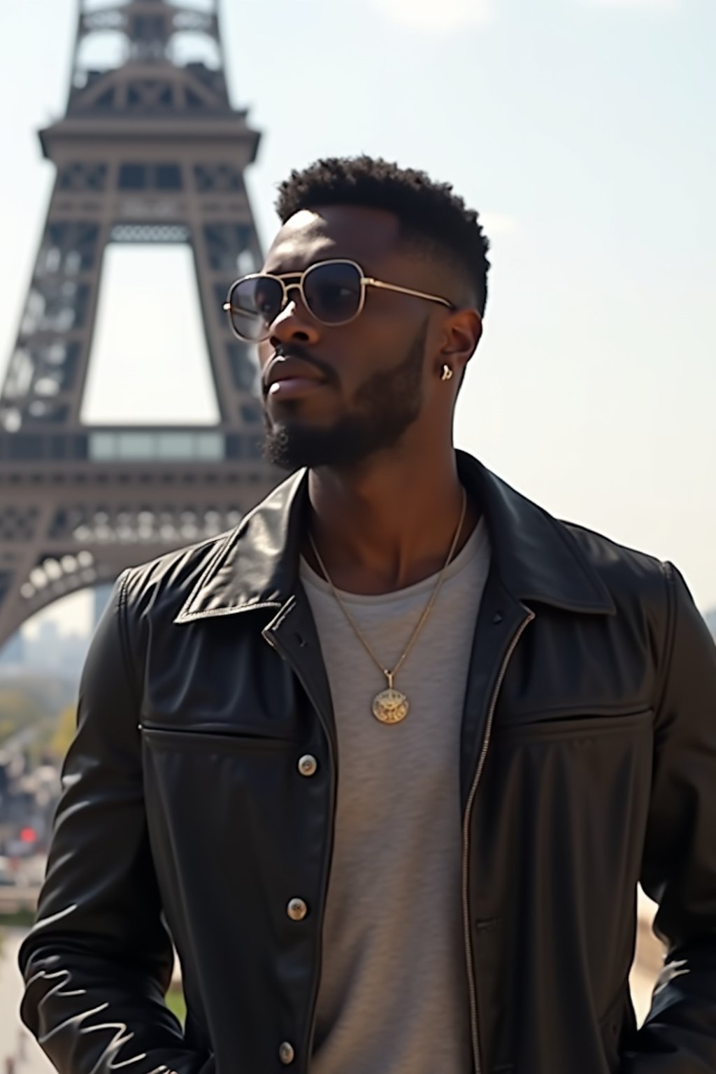 man in Paris with the Eiffel Tower in background