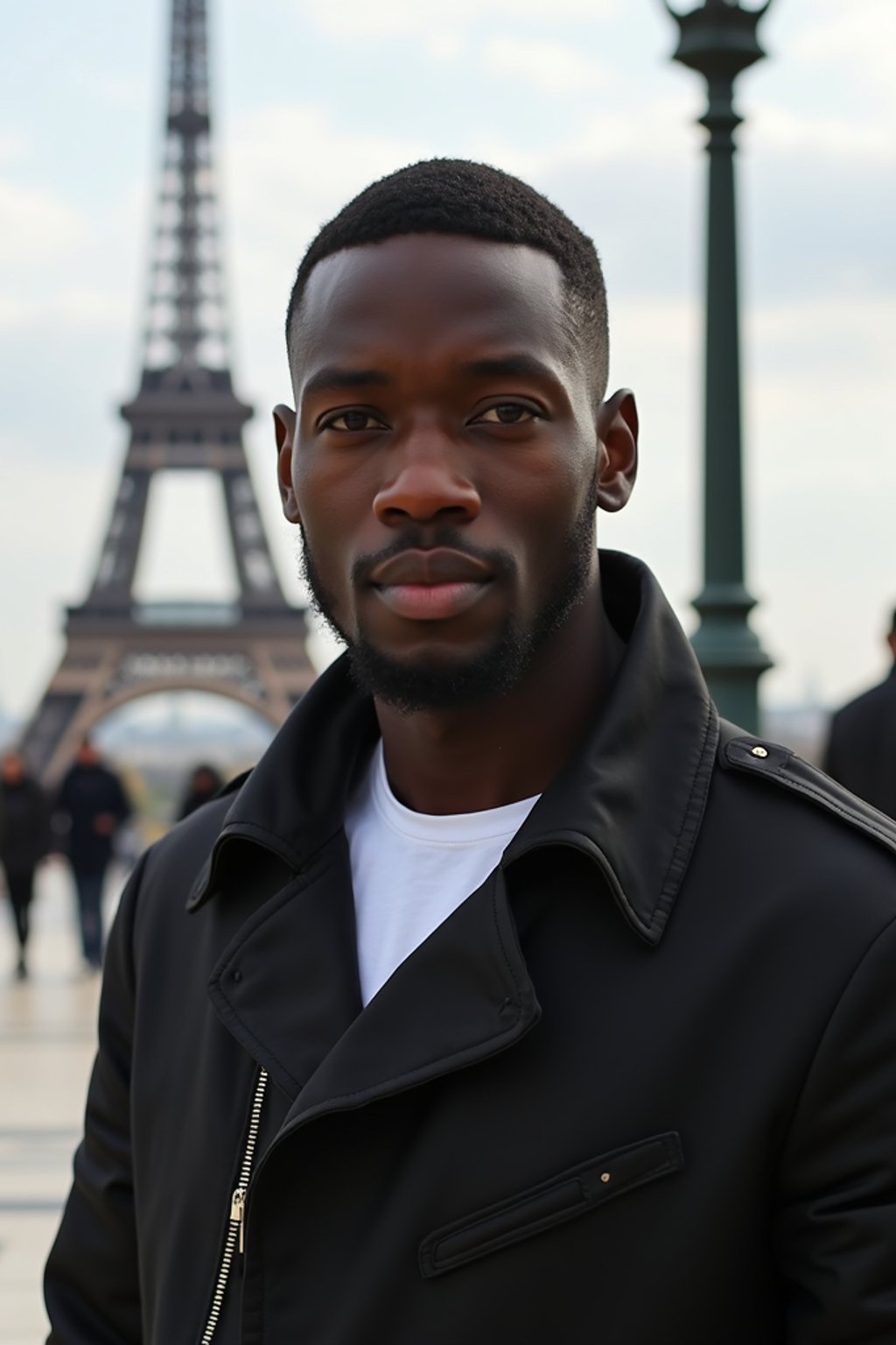 man in Paris with the Eiffel Tower in background